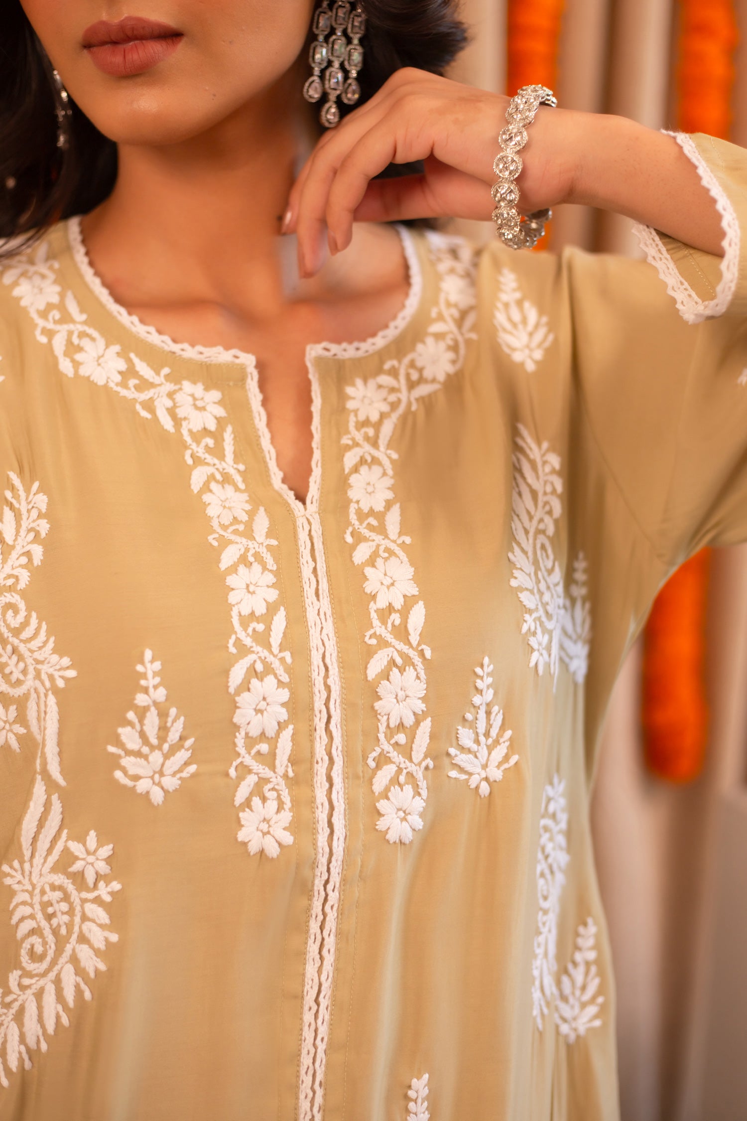 Saba Chikankari Long Kurta In Muslin - Beige