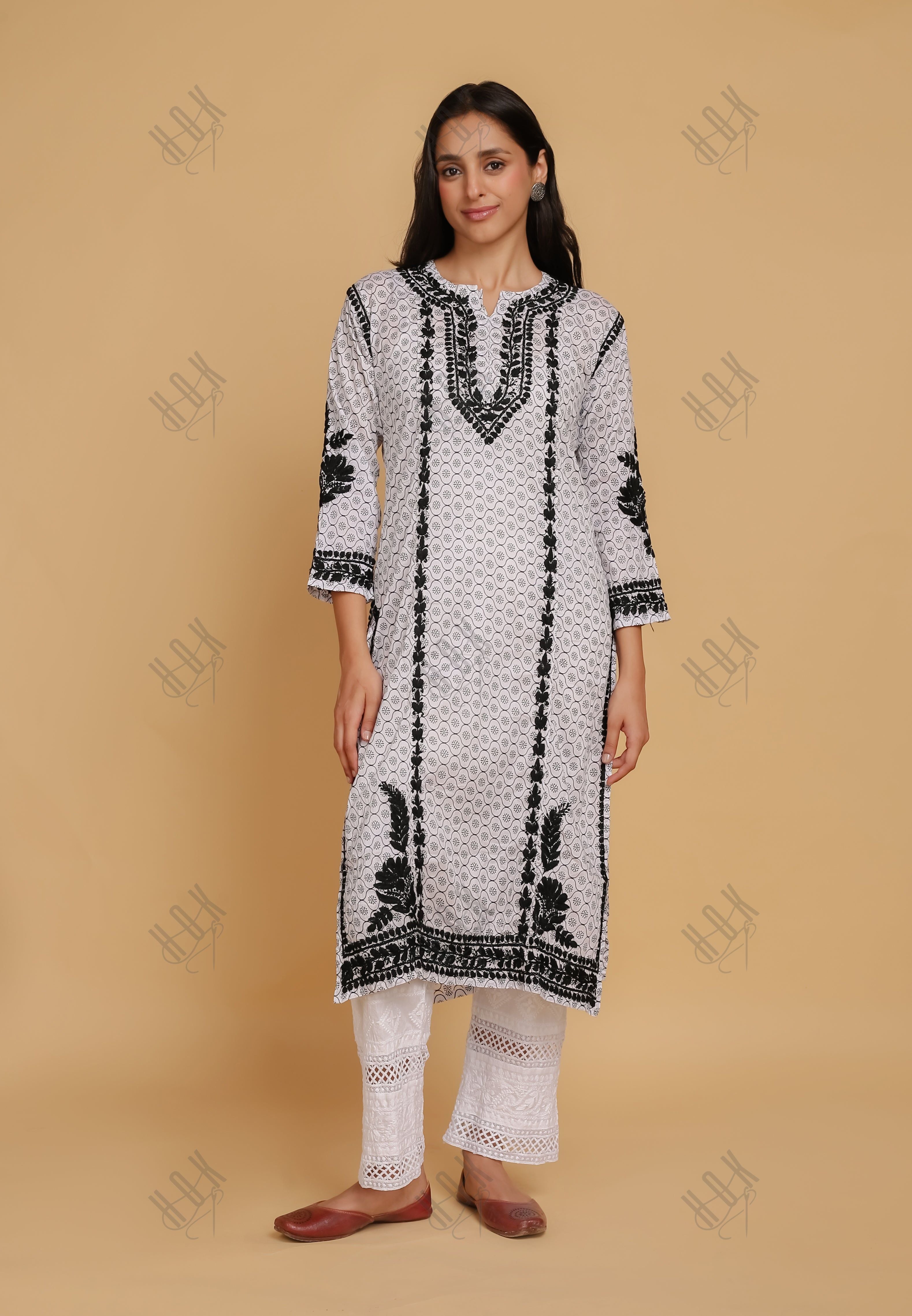 Saba Chikankari Kurta in Mul cotton in White With Black