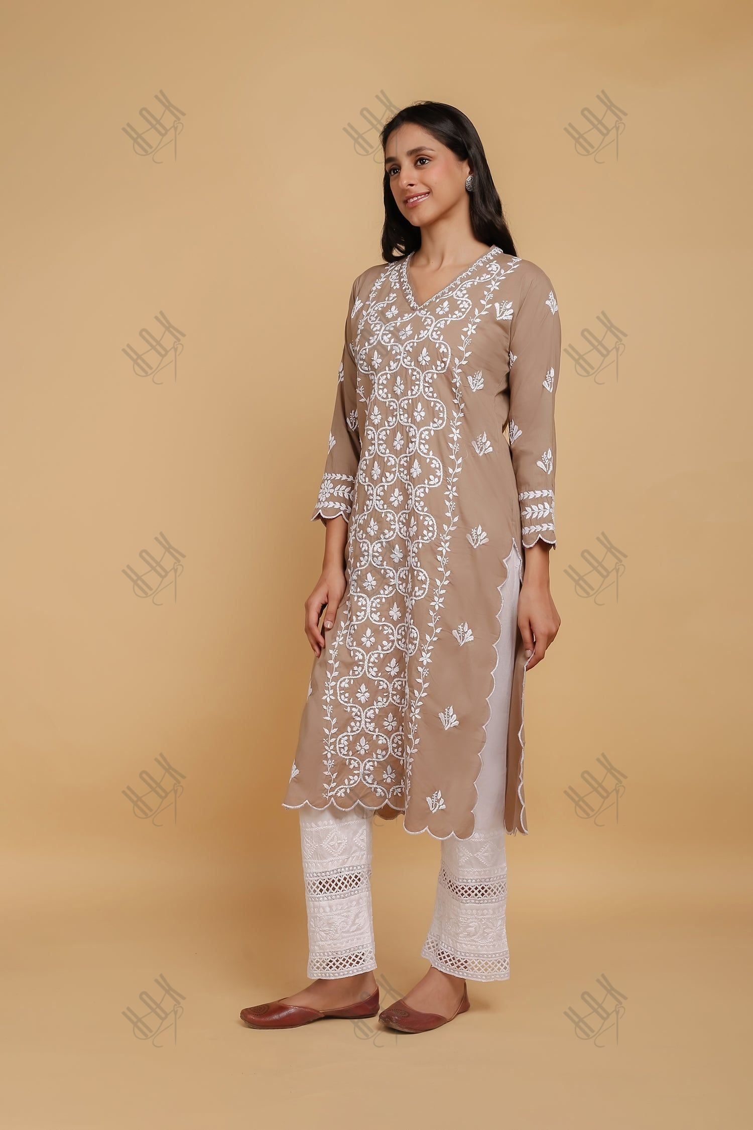 Saba Chikankari Long Kurta In Cotton - Brown