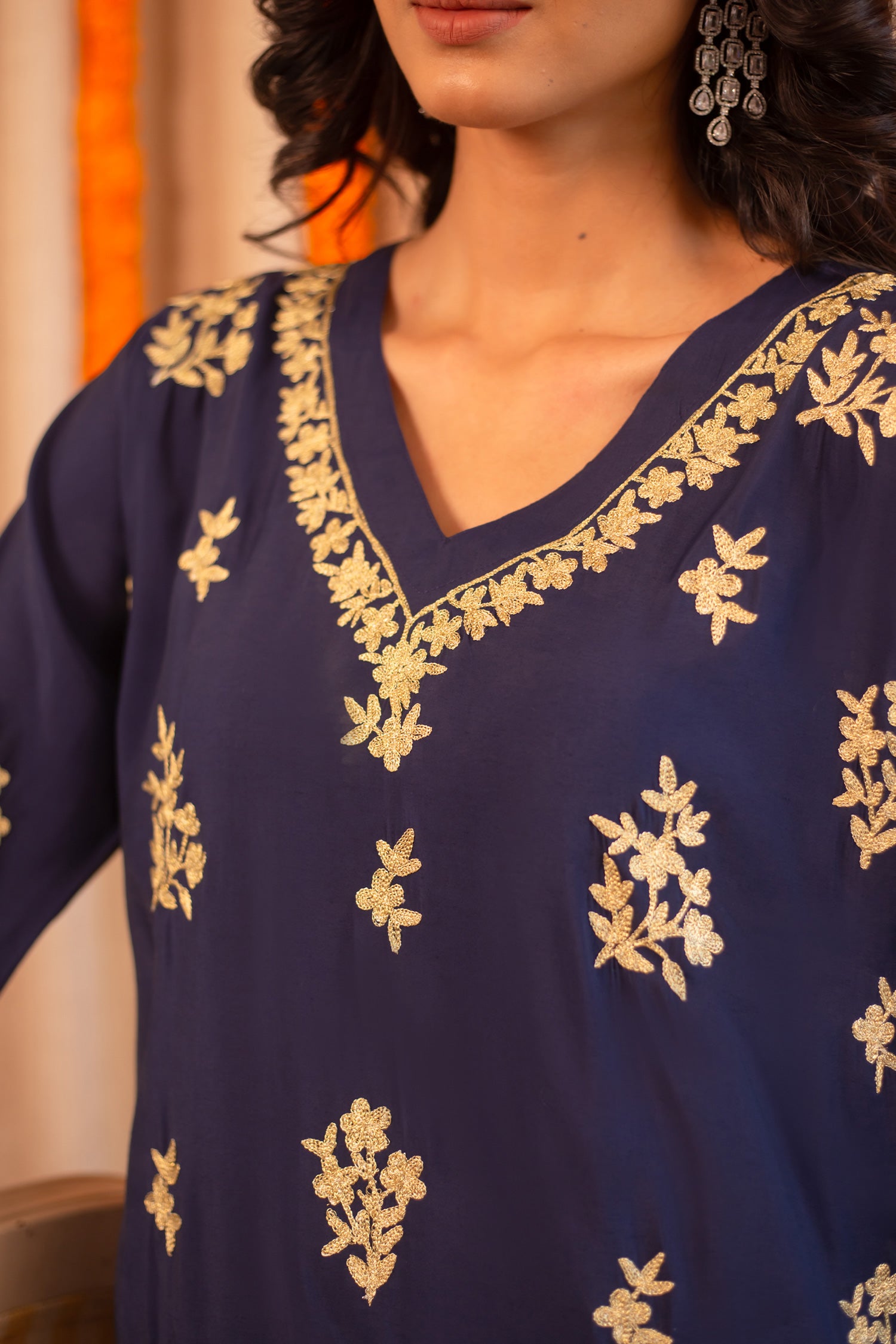 Saba Muslin Kurta In Blue With Gold Zari Embroidery