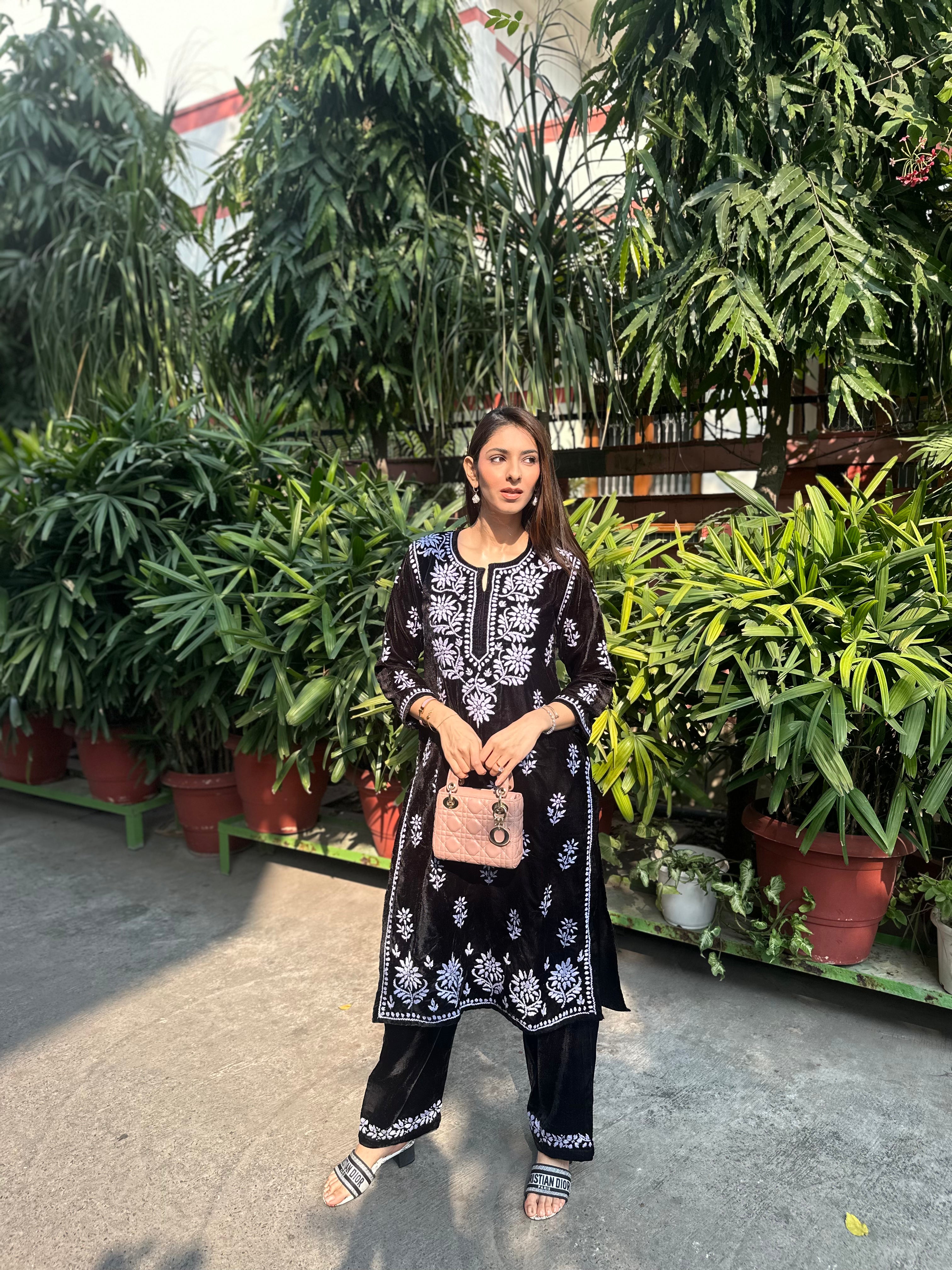 Akshita in Velvet Chikankari Kurta Set in Black