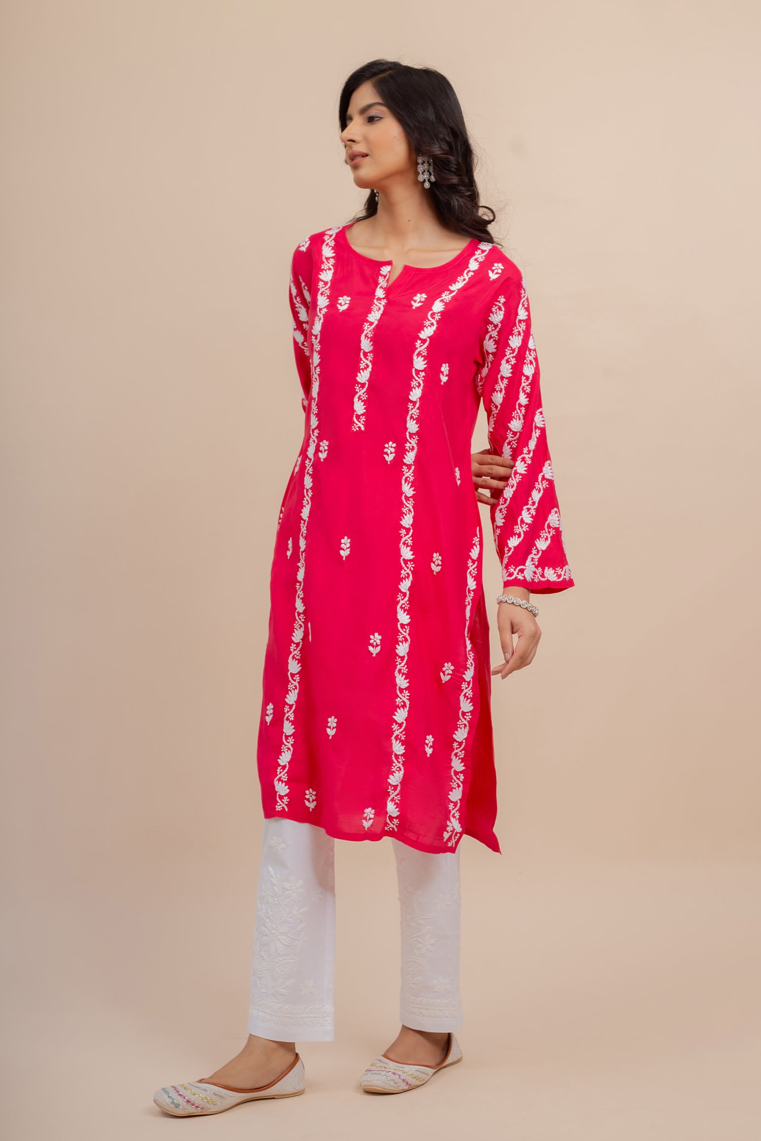 Saba Chikankari Long Kurta In Muslin - Pink