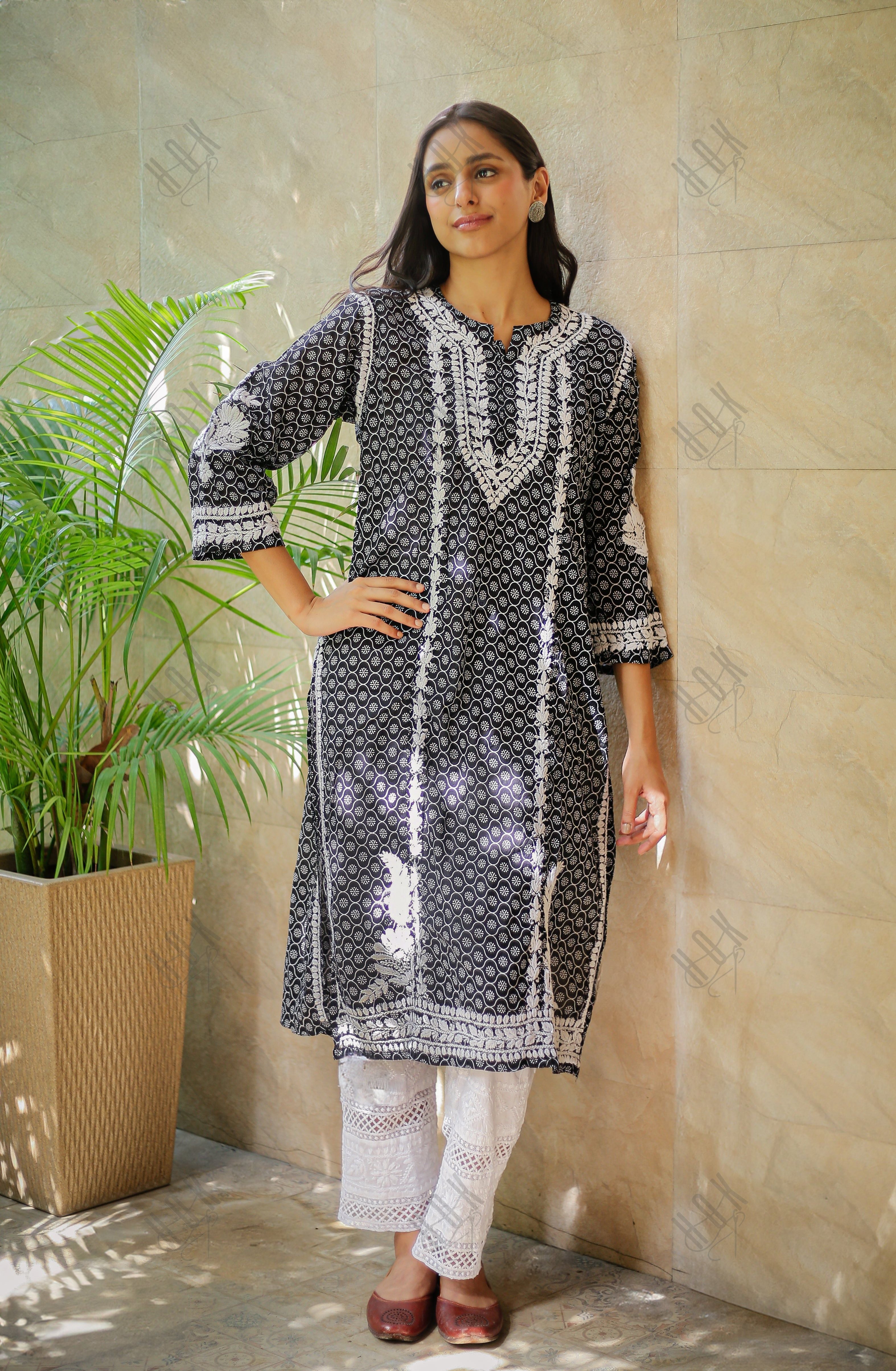 Saba Chikankari Kurta in Mul cotton in Black With White