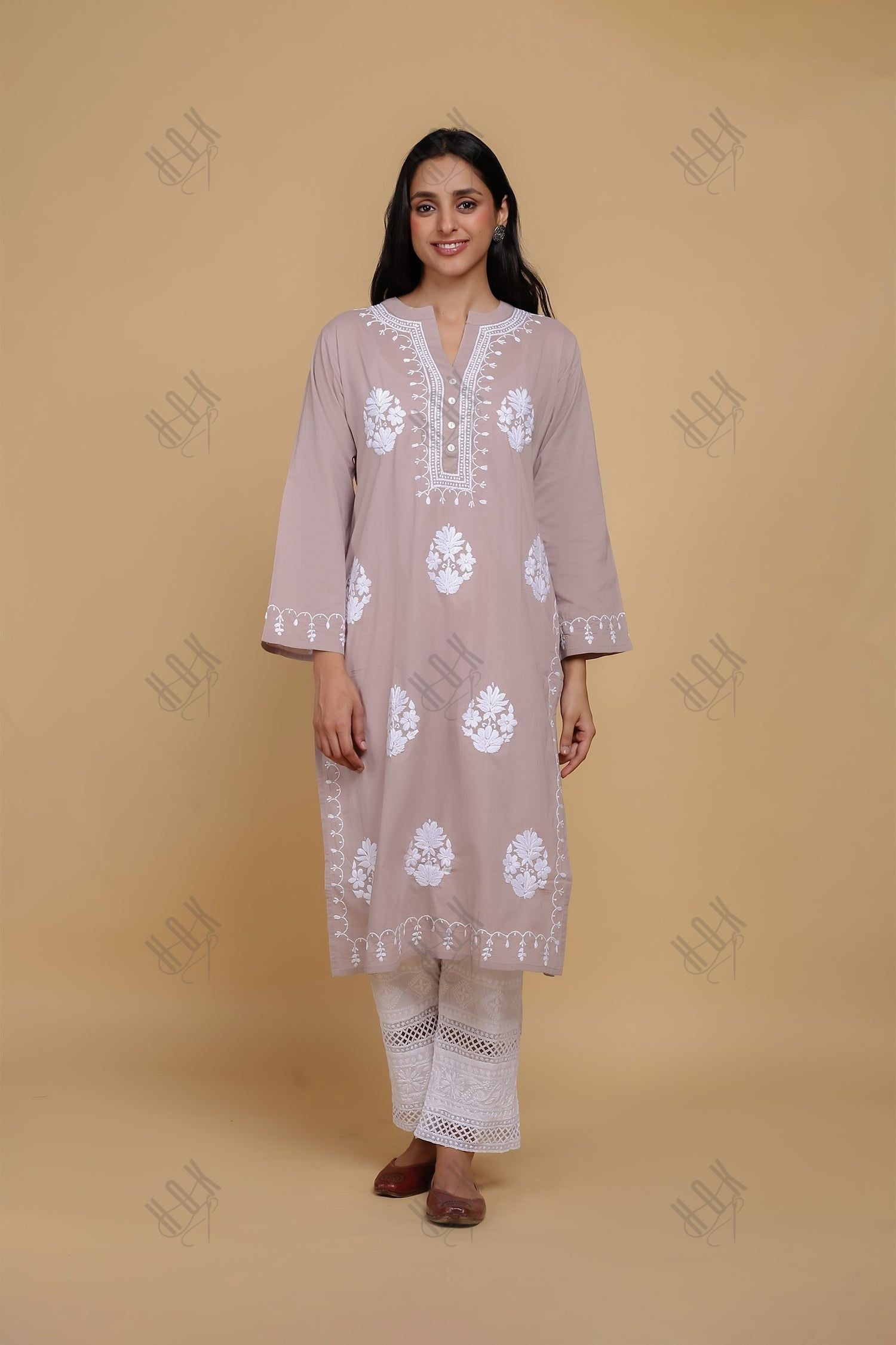 Saba Chikankari Long Kurta In Cotton - Lilac