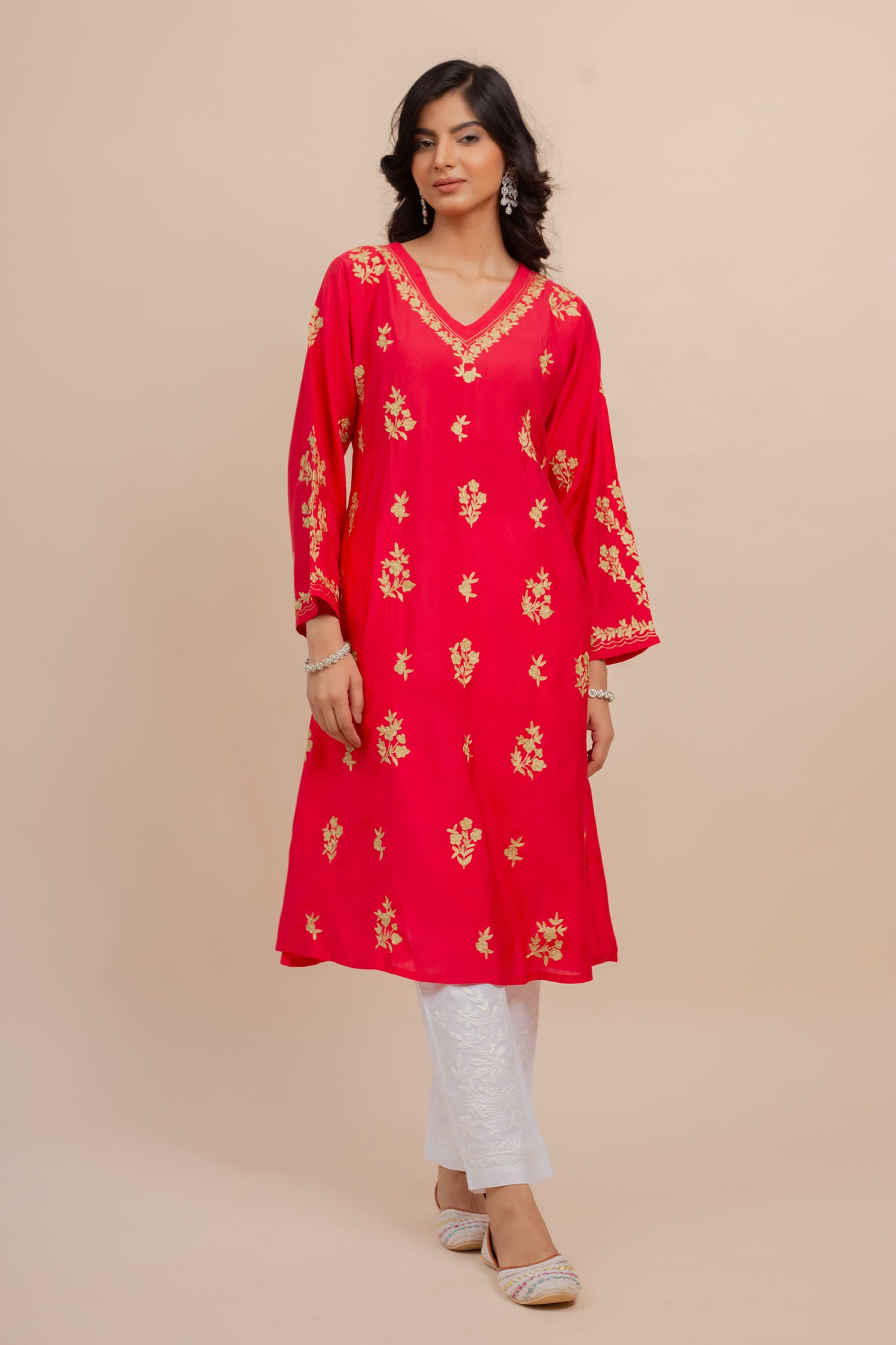 Saba Modal Silk Kurta In Red With Gold Zari Embroidery