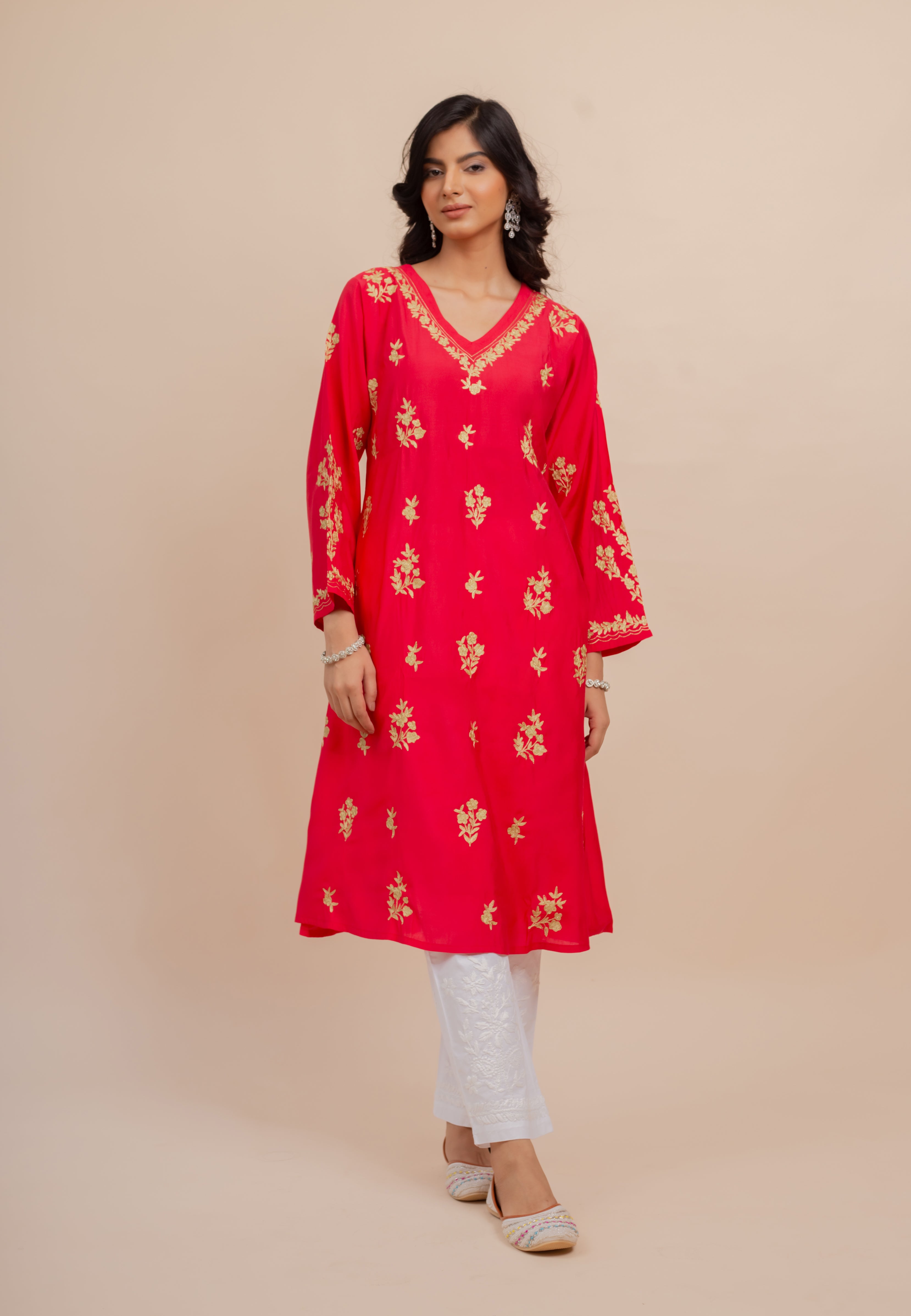 Saba Modal Silk Kurta In Red With Gold Zari Embroidery