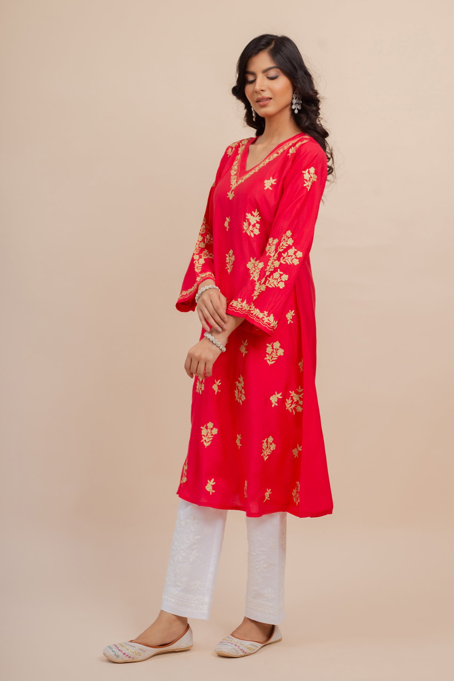 Saba Modal Silk Kurta In Red With Gold Zari Embroidery