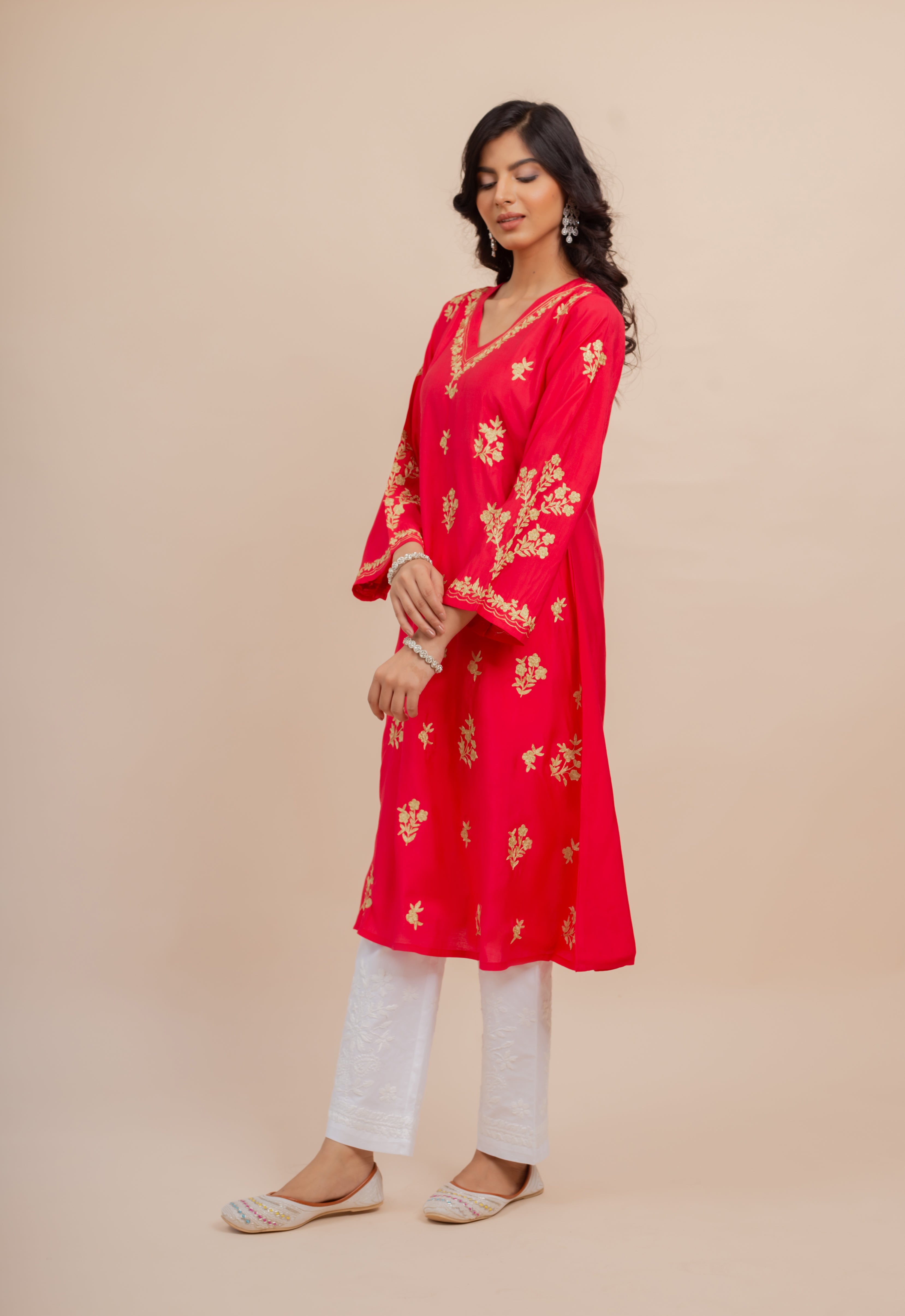 Saba Modal Silk Kurta In Red With Gold Zari Embroidery