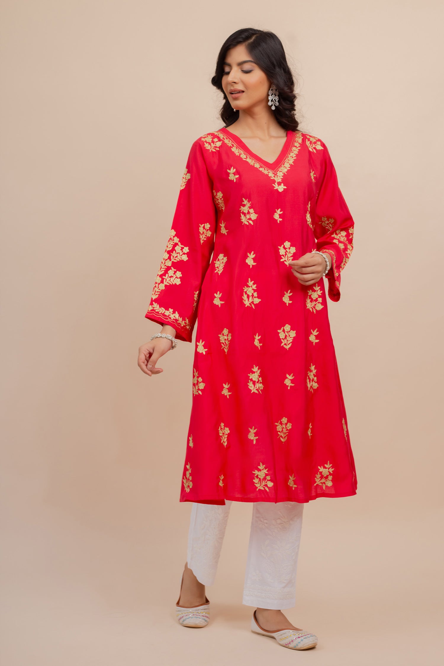 Saba Modal Silk Kurta In Red With Gold Zari Embroidery