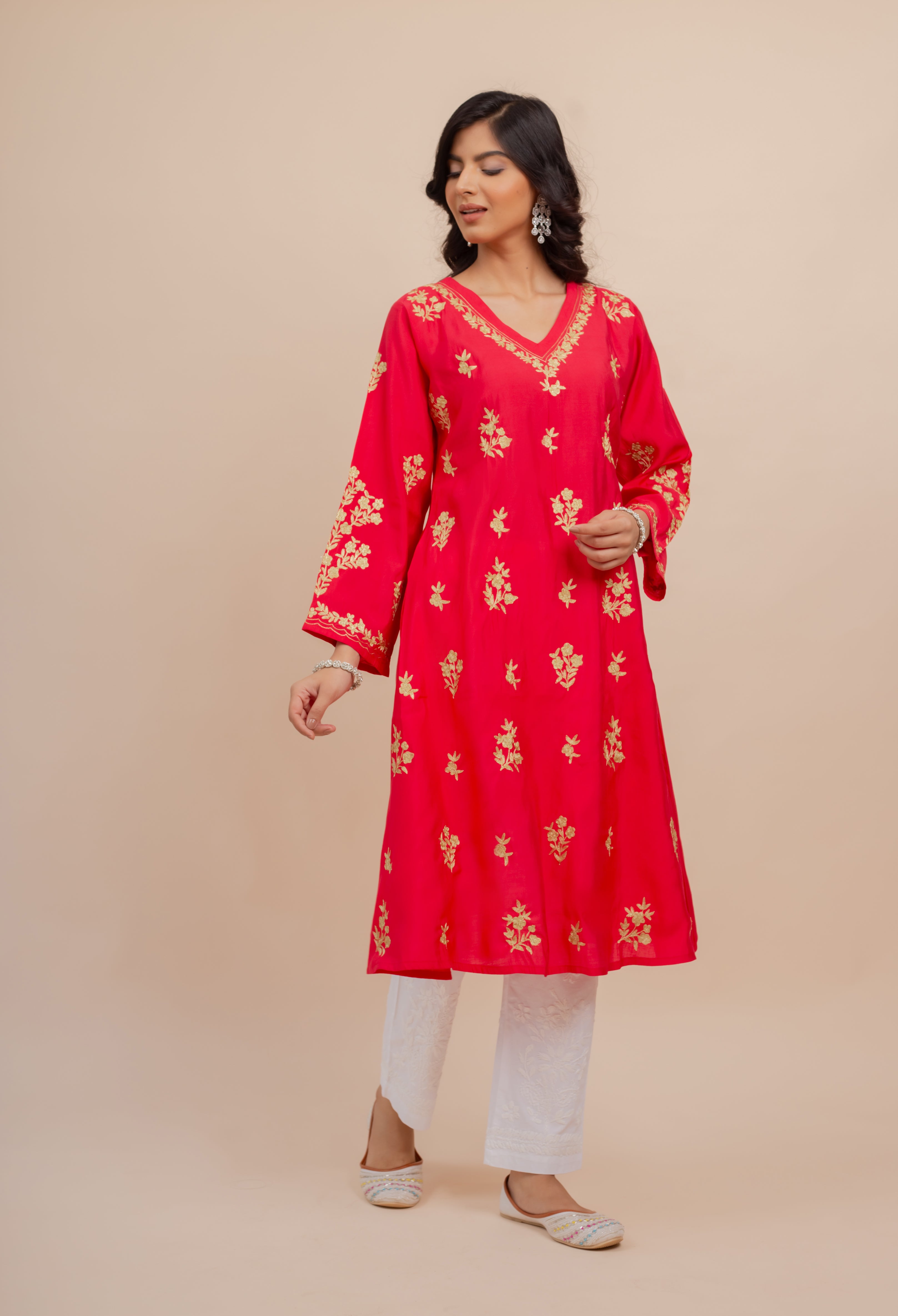 Saba Modal Silk Kurta In Red With Gold Zari Embroidery