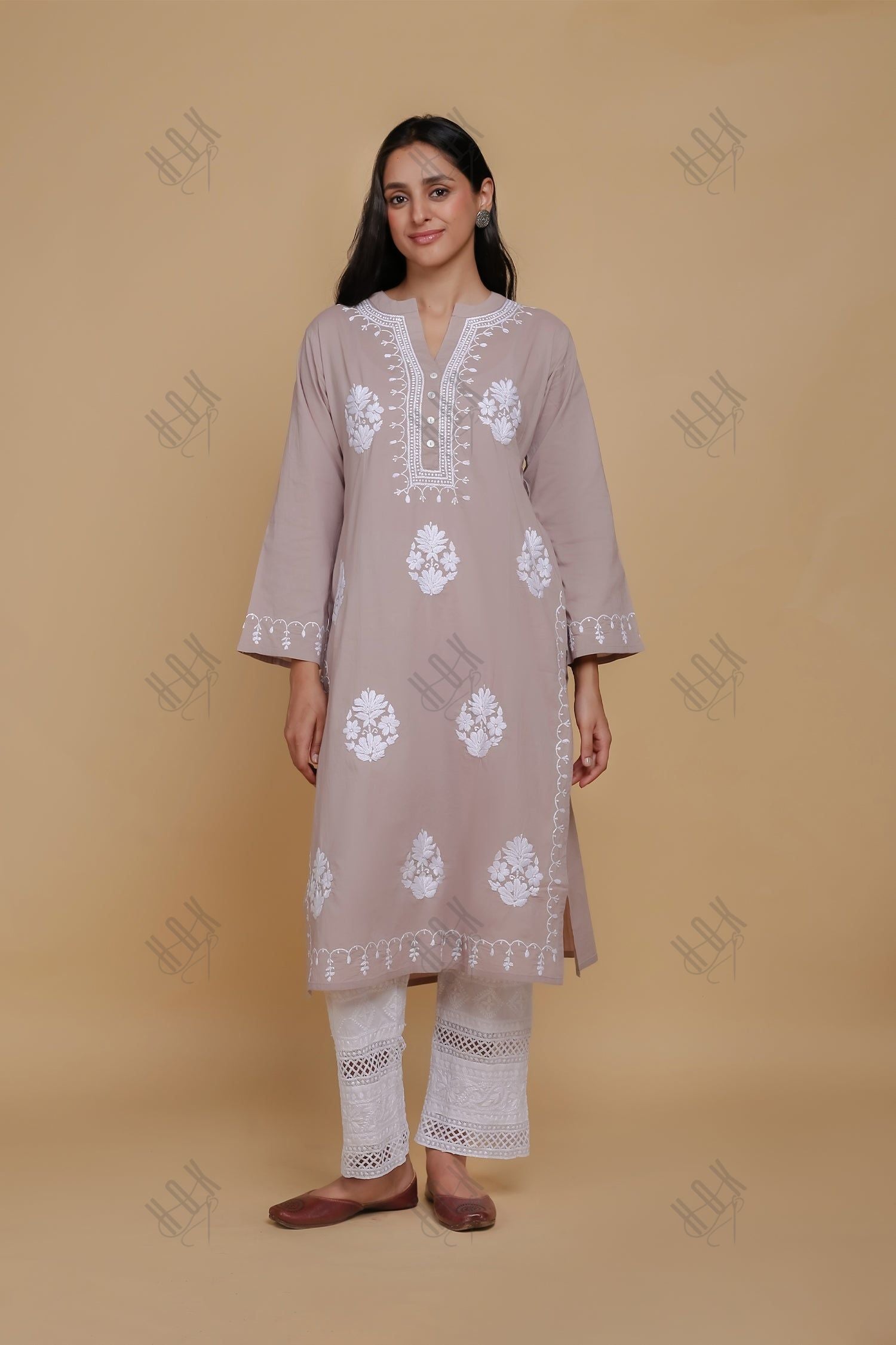 Saba Chikankari Long Kurta In Cotton - Lilac