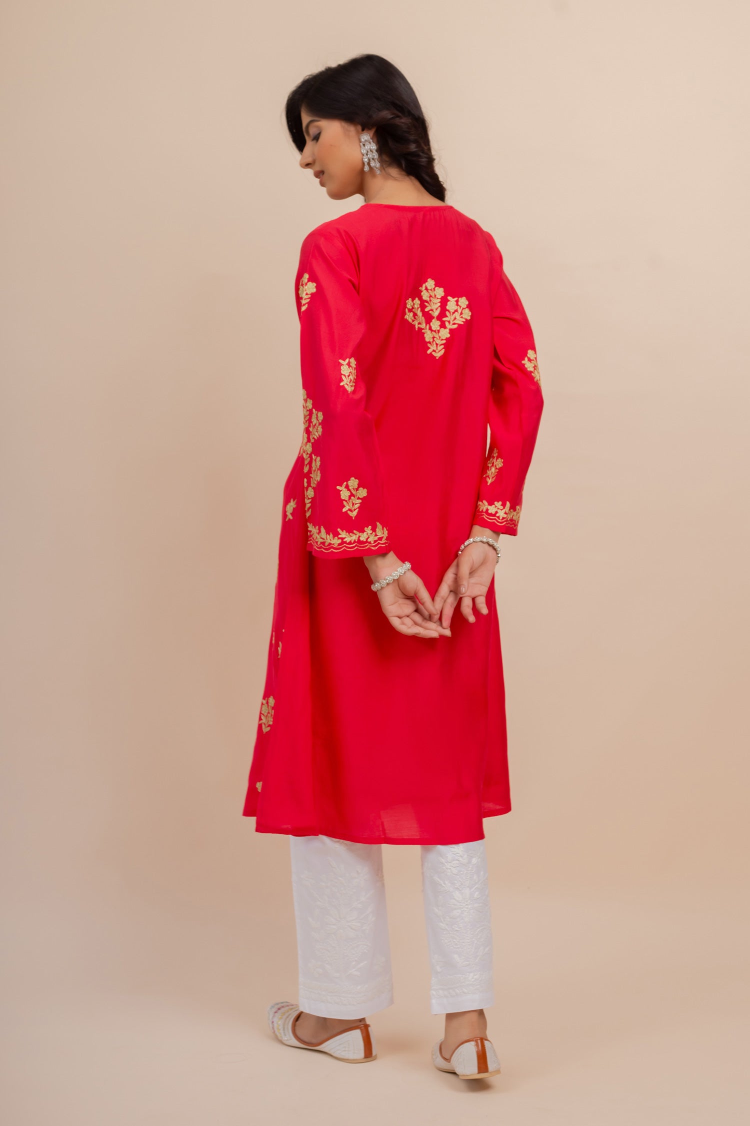 Saba Modal Silk Kurta In Red With Gold Zari Embroidery