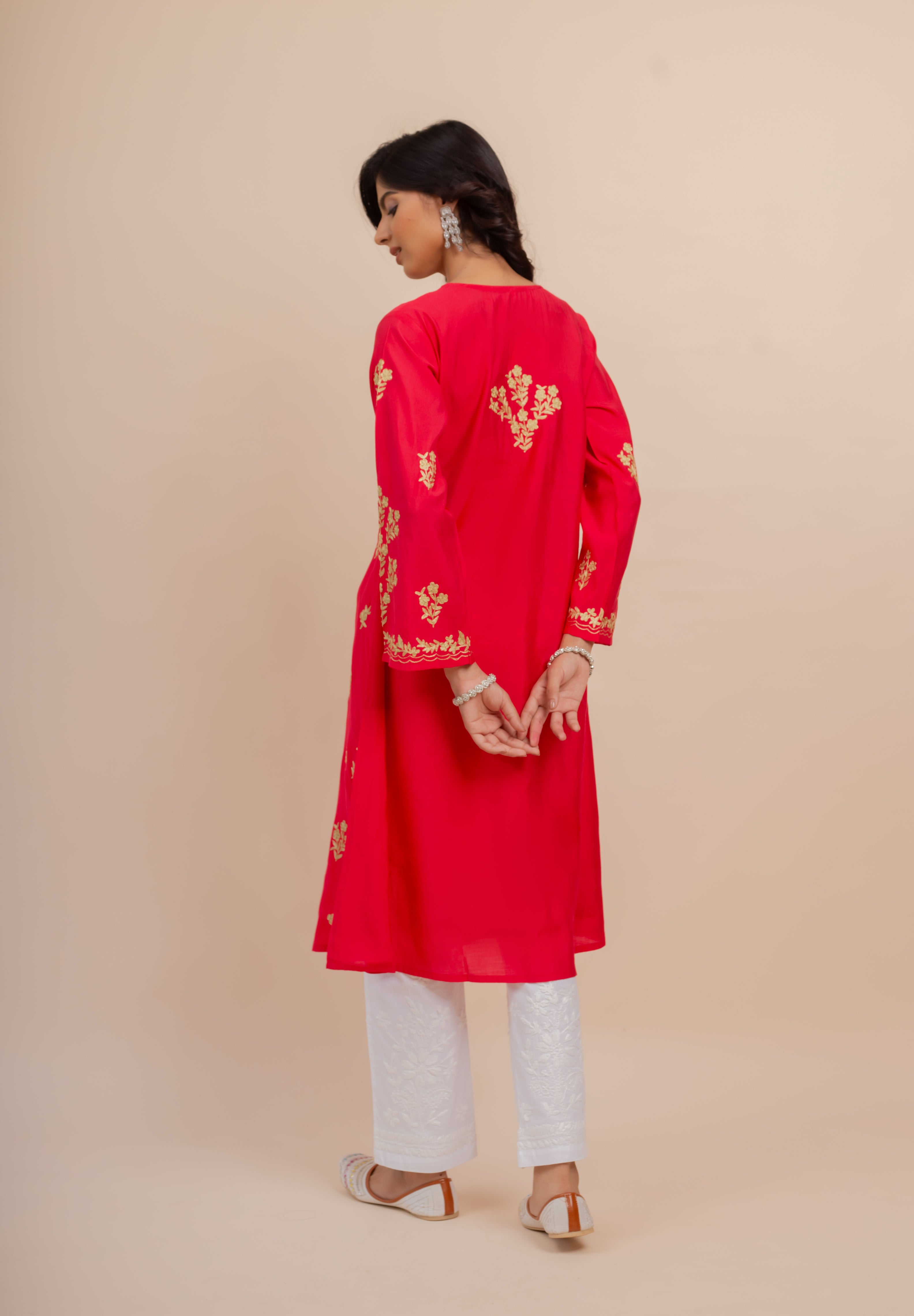 Saba Modal Silk Kurta In Red With Gold Zari Embroidery