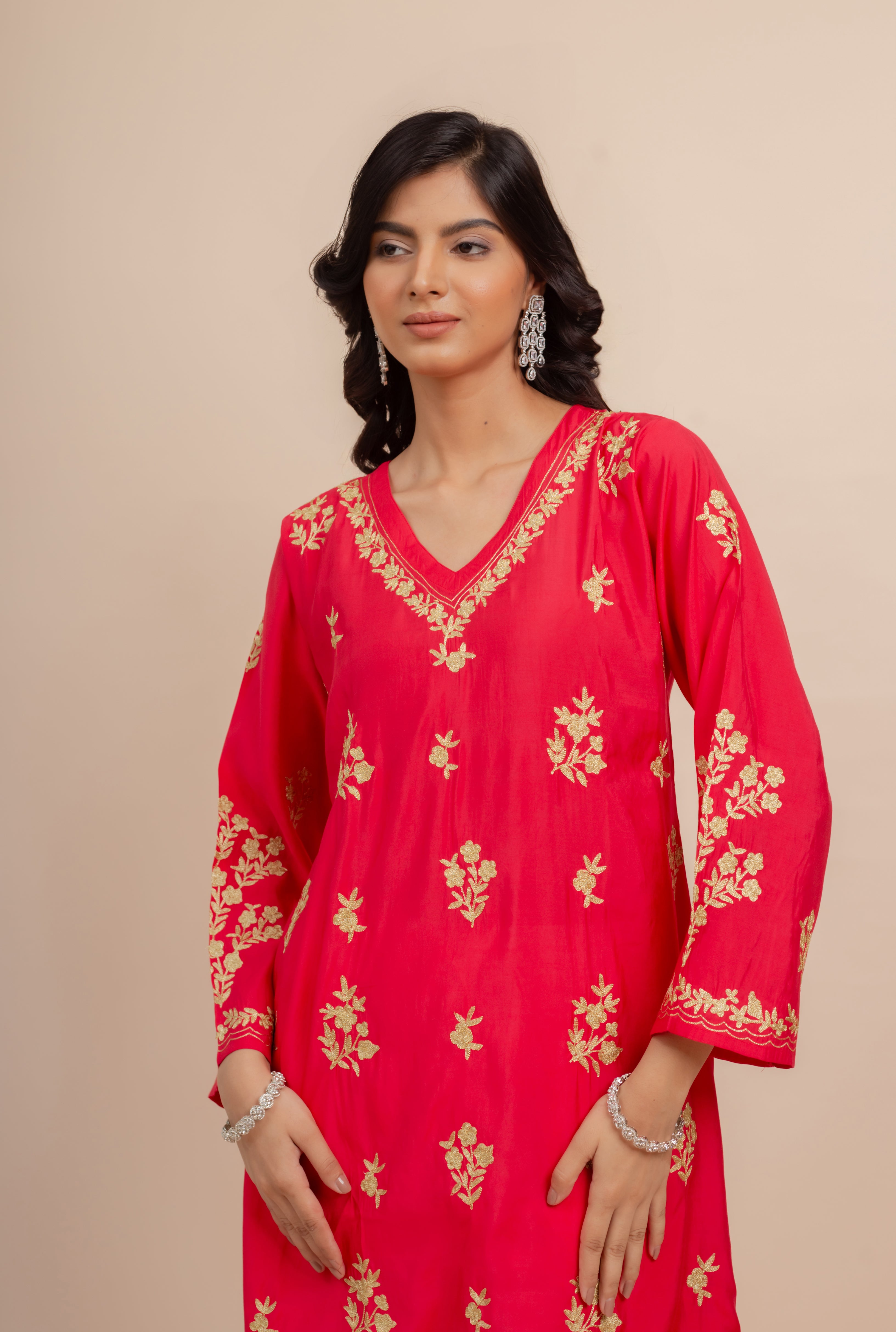 Saba Modal Silk Kurta In Red With Gold Zari Embroidery