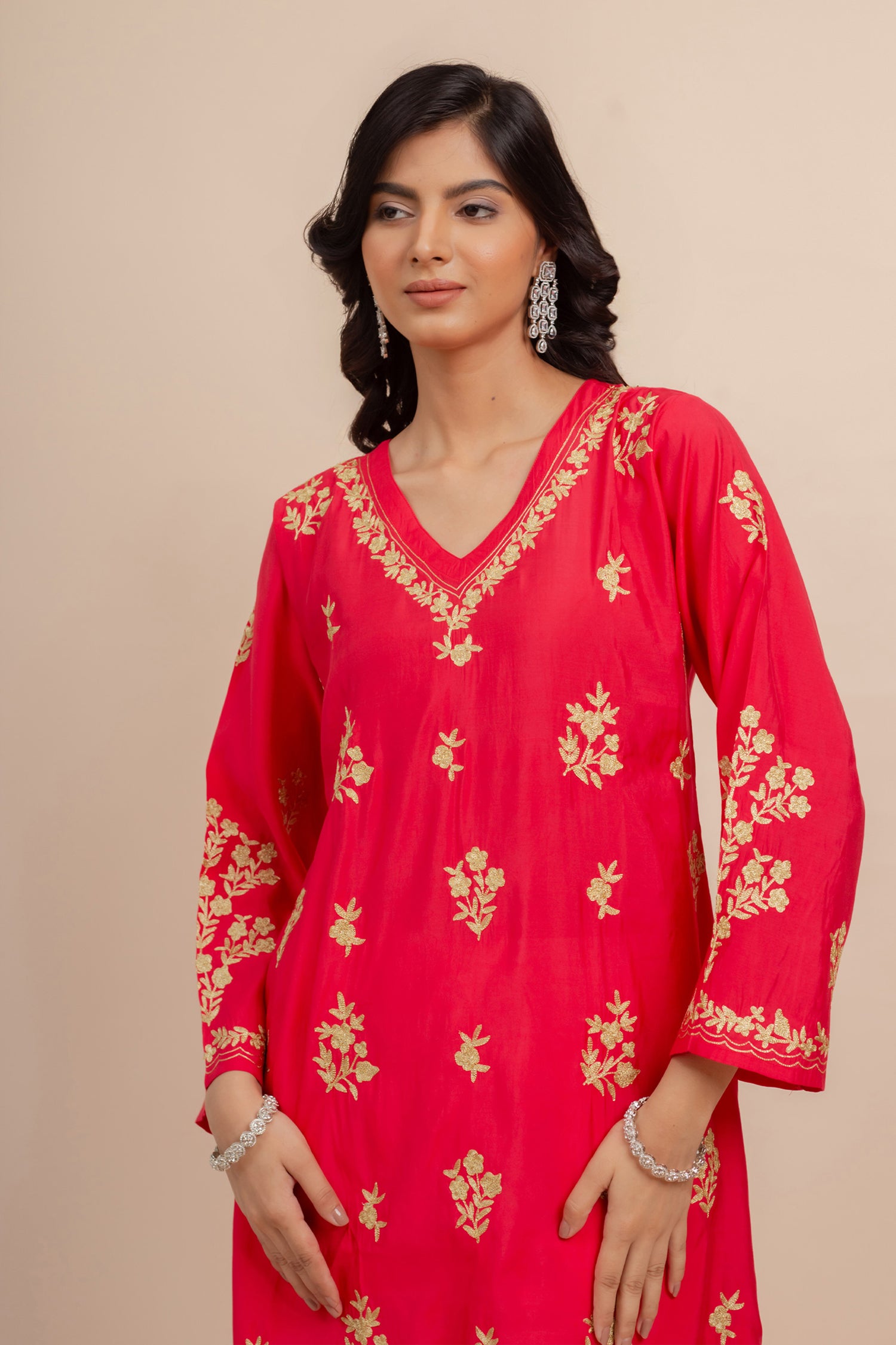 Saba Modal Silk Kurta In Red With Gold Zari Embroidery