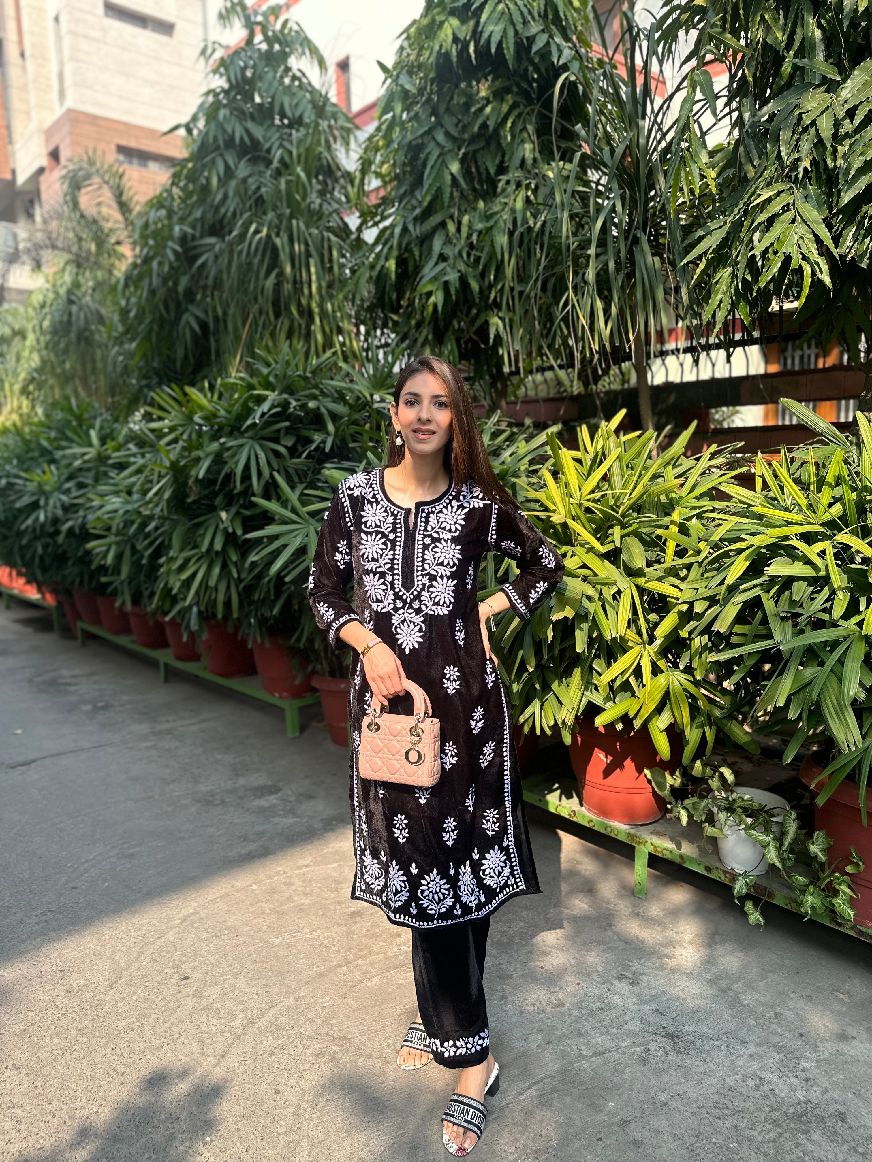 Akshita in Velvet Chikankari Kurta Set in Black