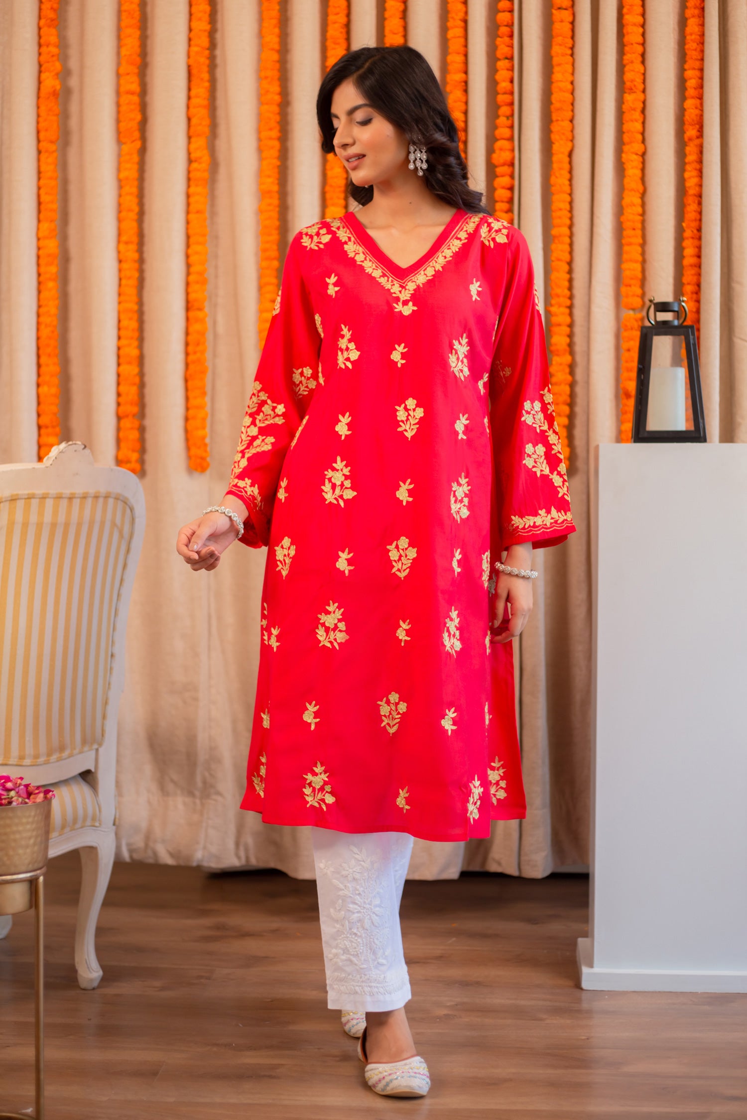 Saba Modal Silk Kurta In Red With Gold Zari Embroidery