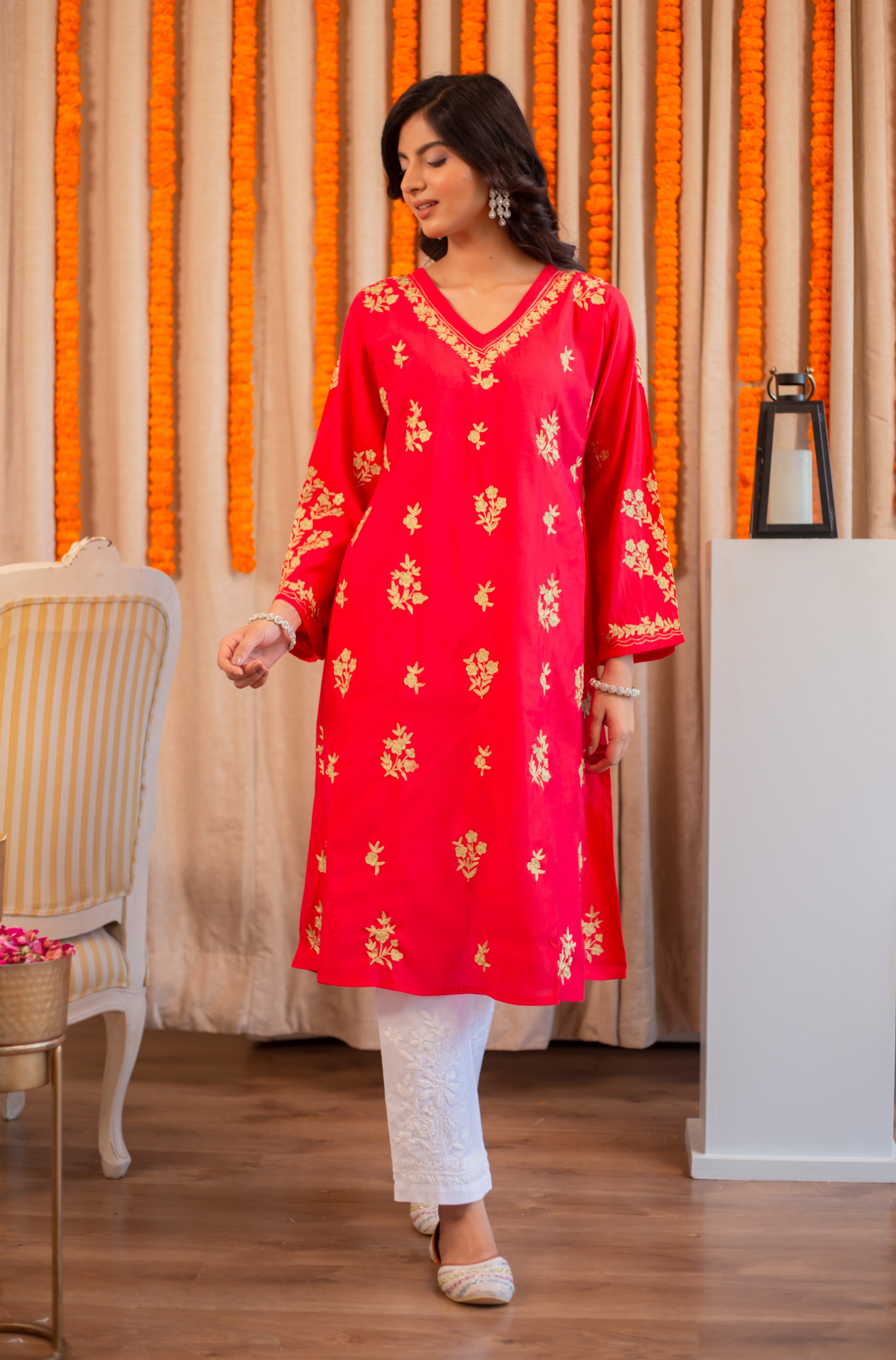 Saba Modal Silk Kurta In Red With Gold Zari Embroidery