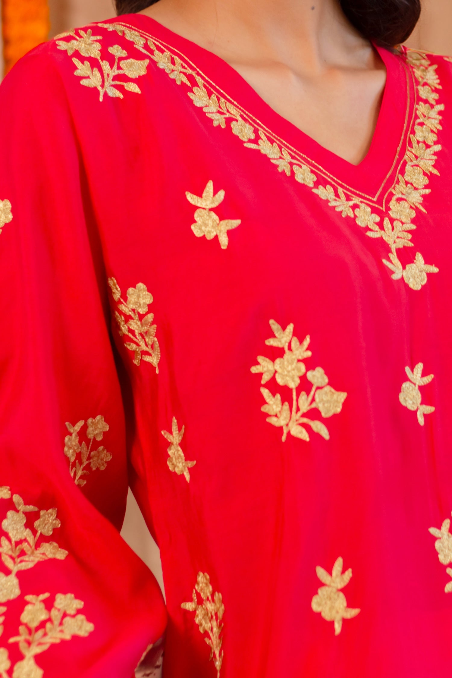 Saba Modal Silk Kurta In Red With Gold Zari Embroidery