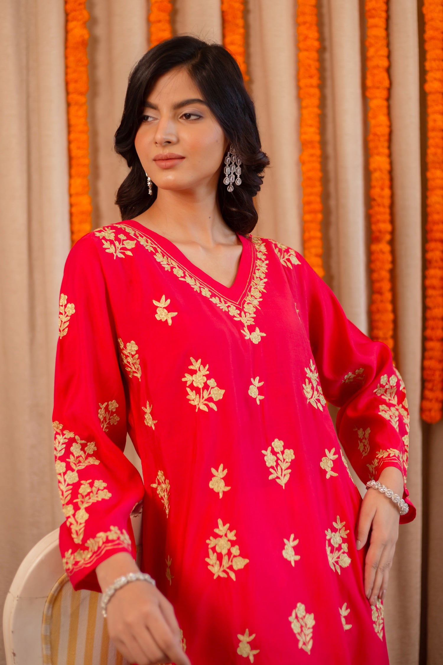 Saba Modal Silk Kurta In Red With Gold Zari Embroidery