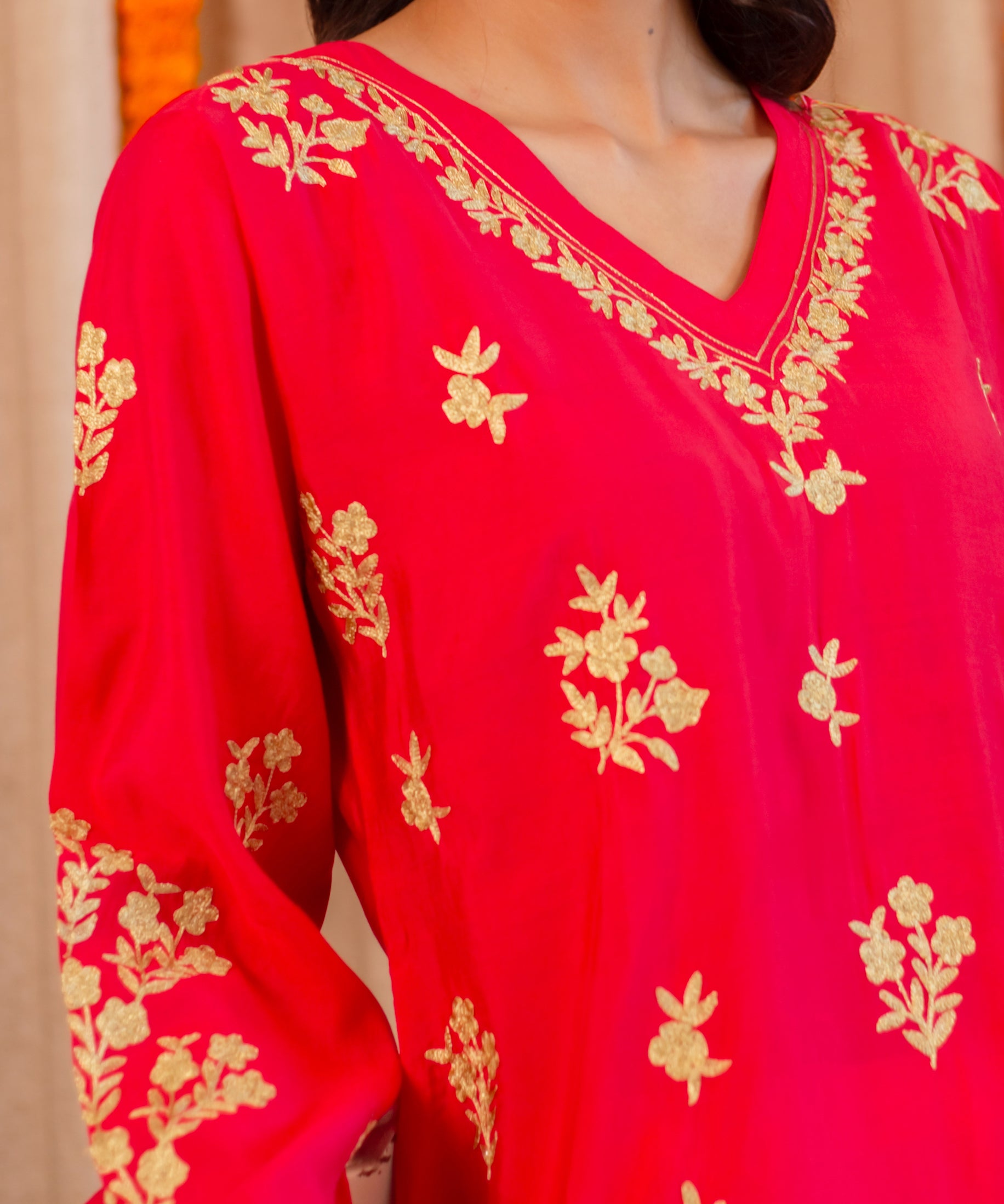 Saba Modal Silk Kurta In Red With Gold Zari Embroidery