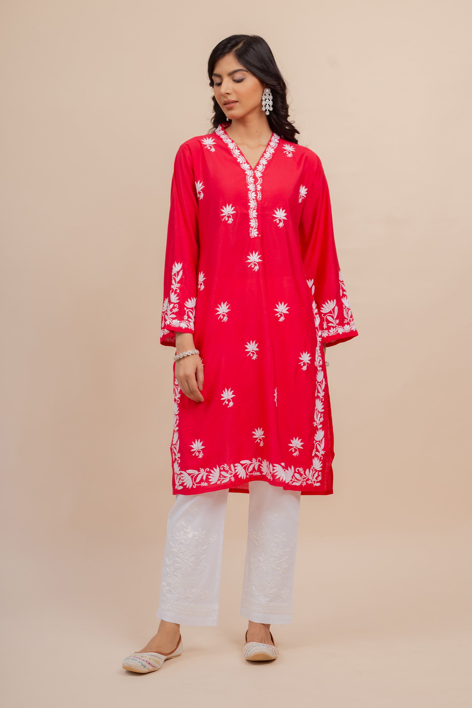 Saba Chikankari Long Kurta In Modal Silk - Red