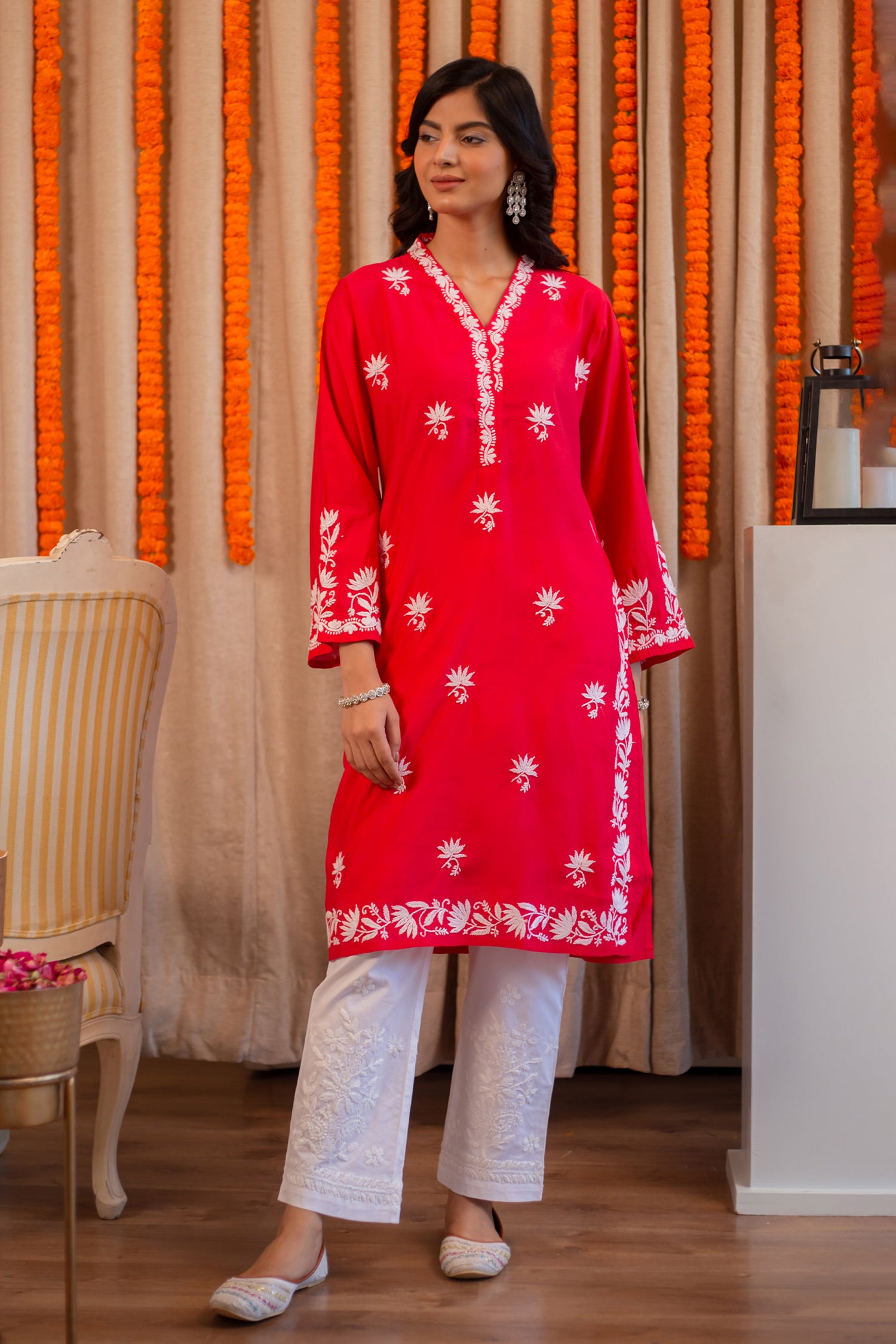 Saba Chikankari Long Kurta In Modal Silk - Red