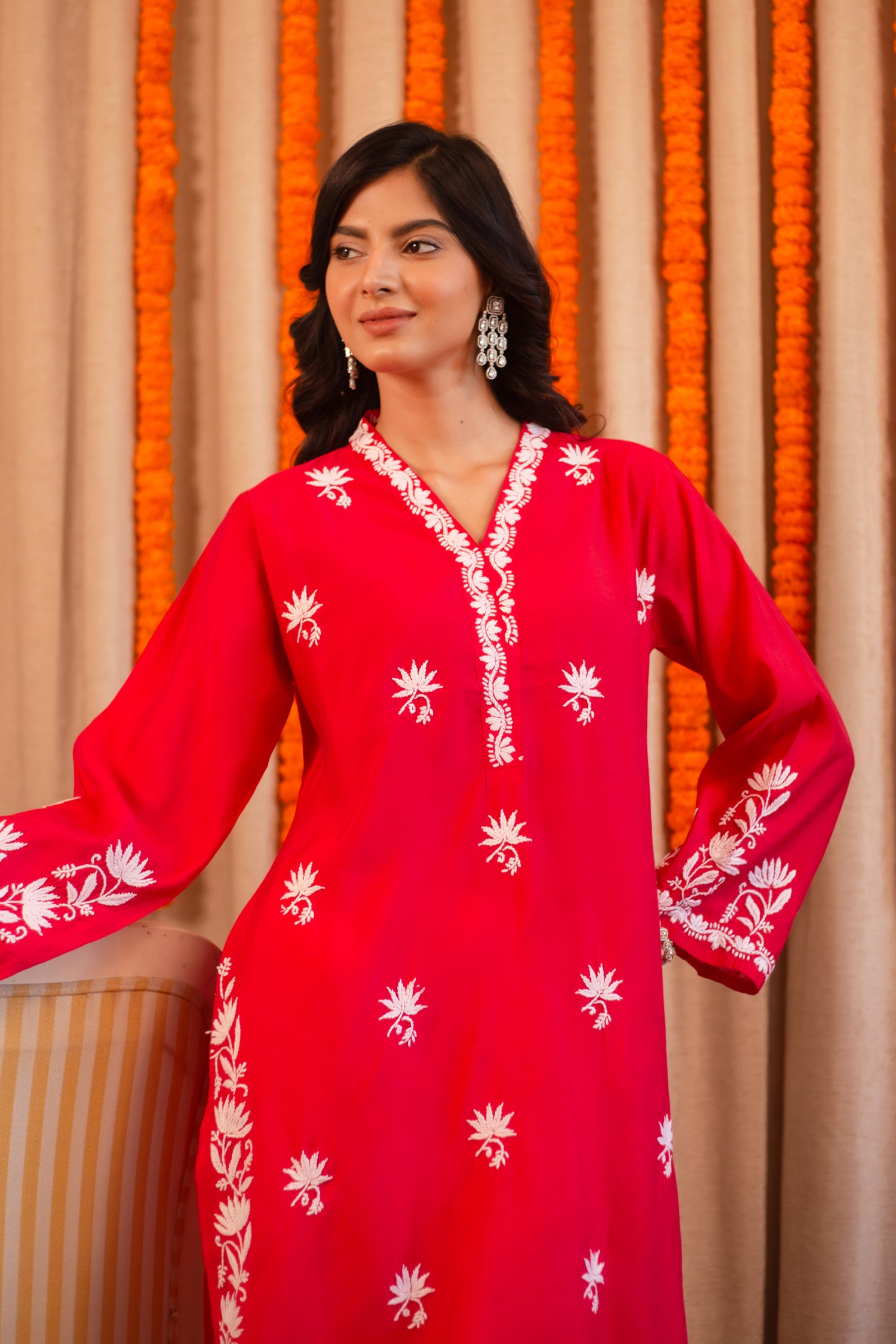 Saba Chikankari Long Kurta In Modal Silk - Red