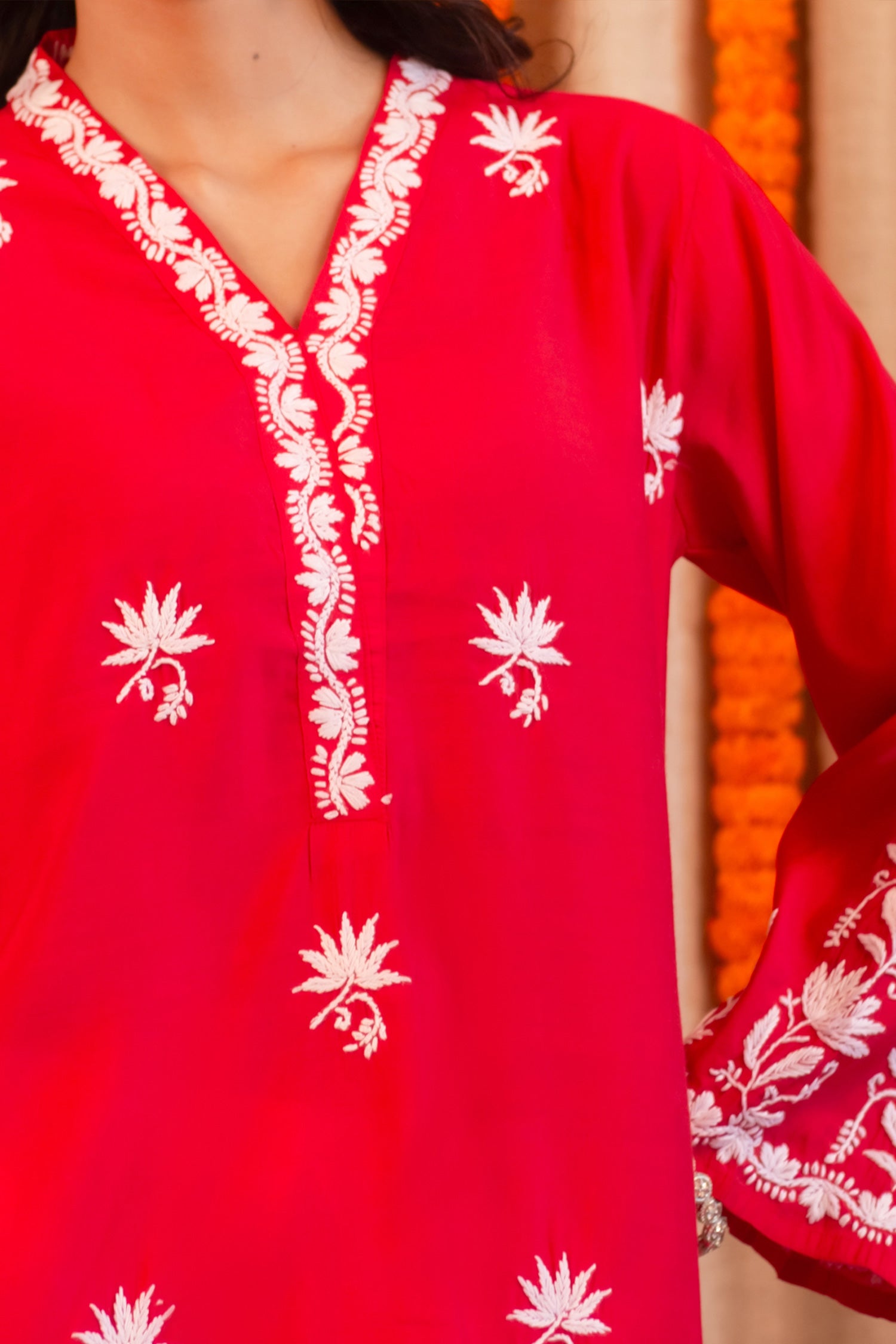 Saba Chikankari Long Kurta In Modal Silk - Red