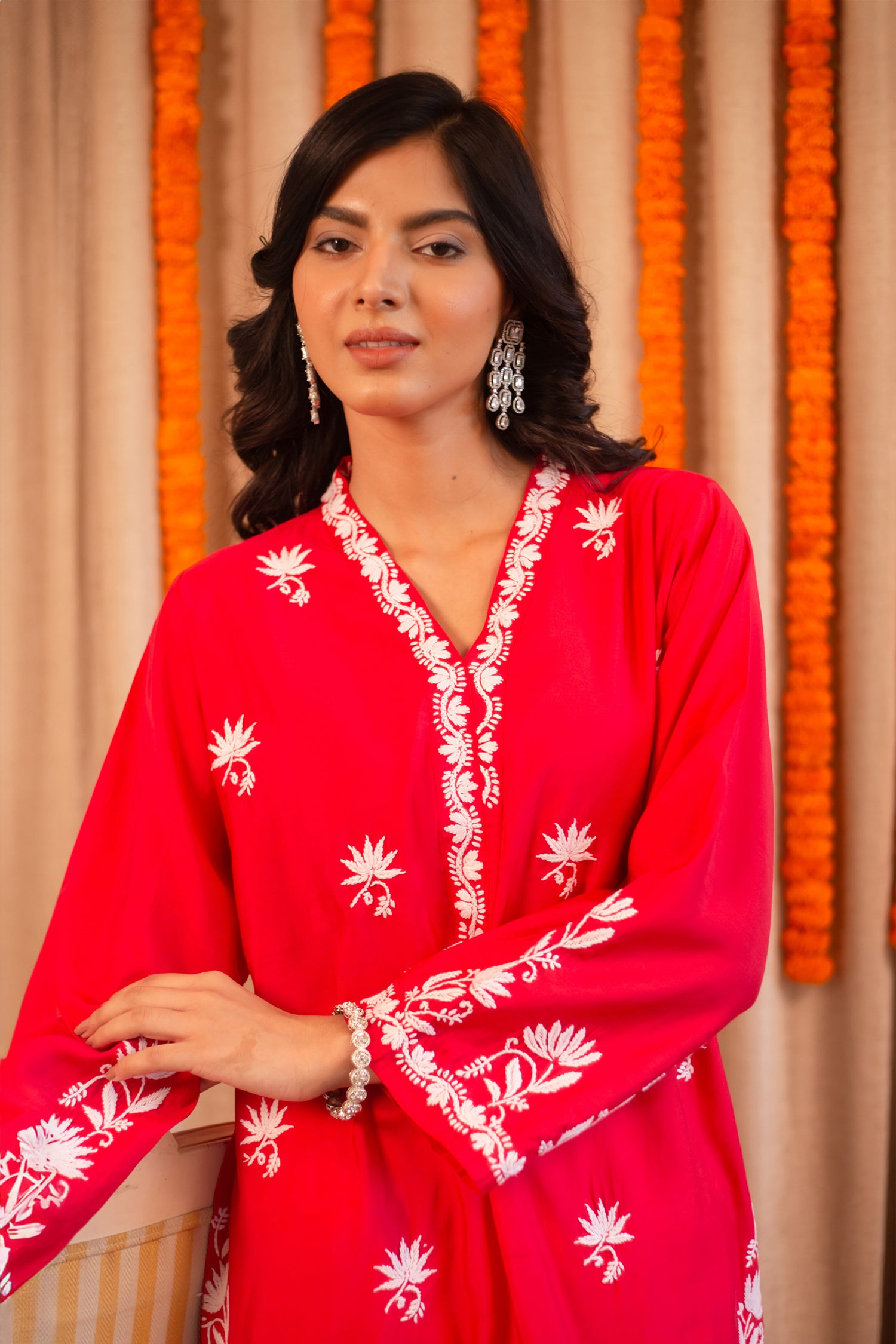 Saba Chikankari Long Kurta In Modal Silk - Red