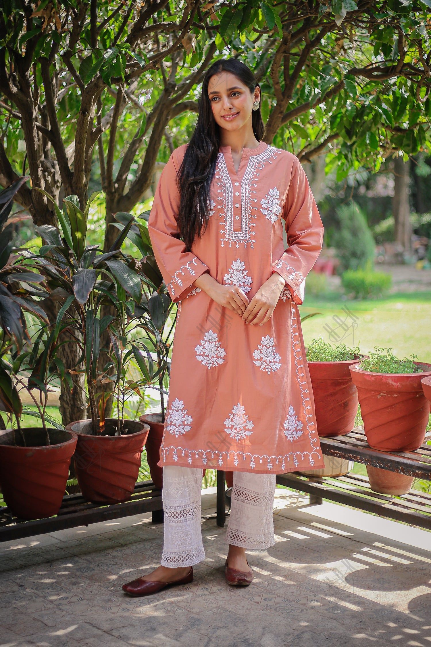 Saba Chikankari Kurta In Cotton - Orange