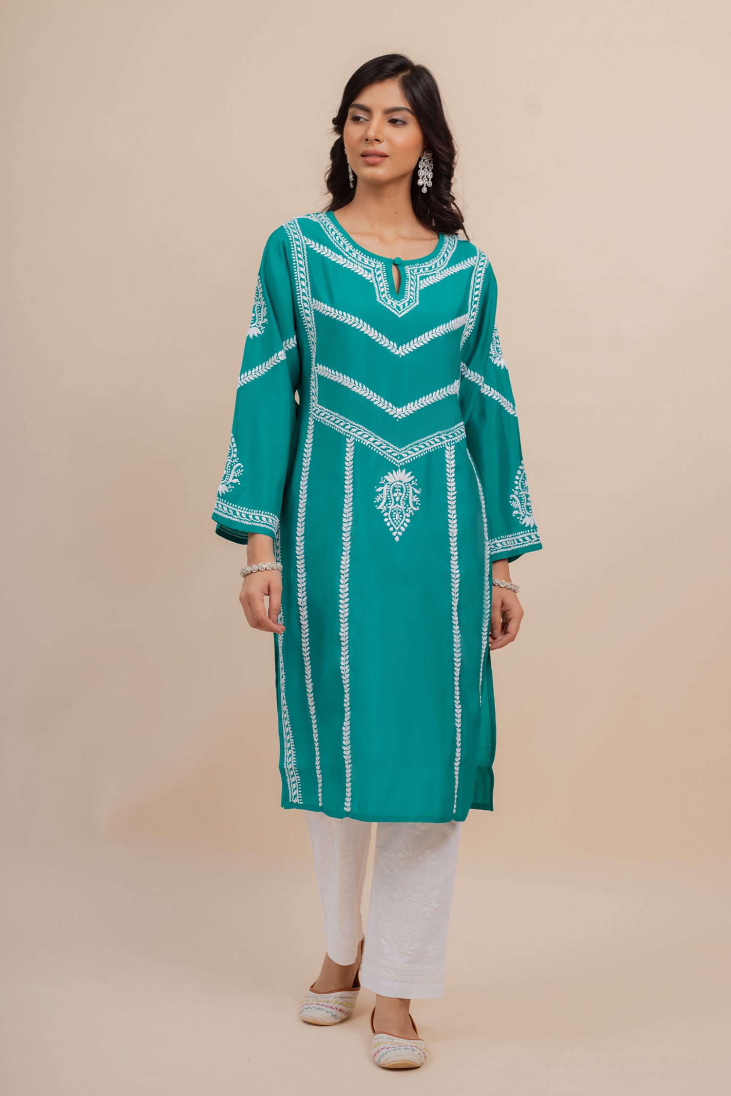 Saba Chikankari Long Kurta In Muslin - Turkish Green