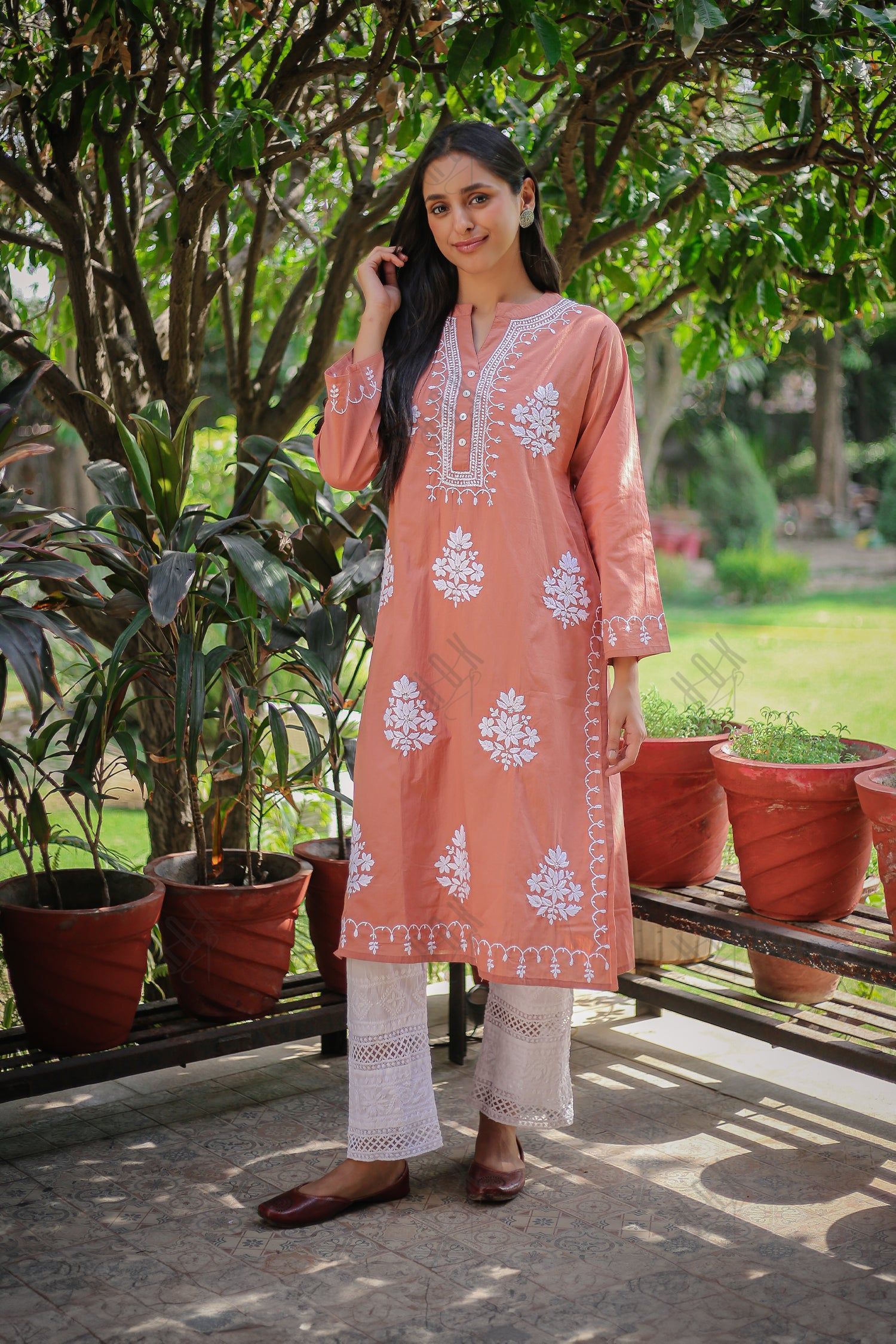 Saba Chikankari Long Kurta In Cotton - Orange