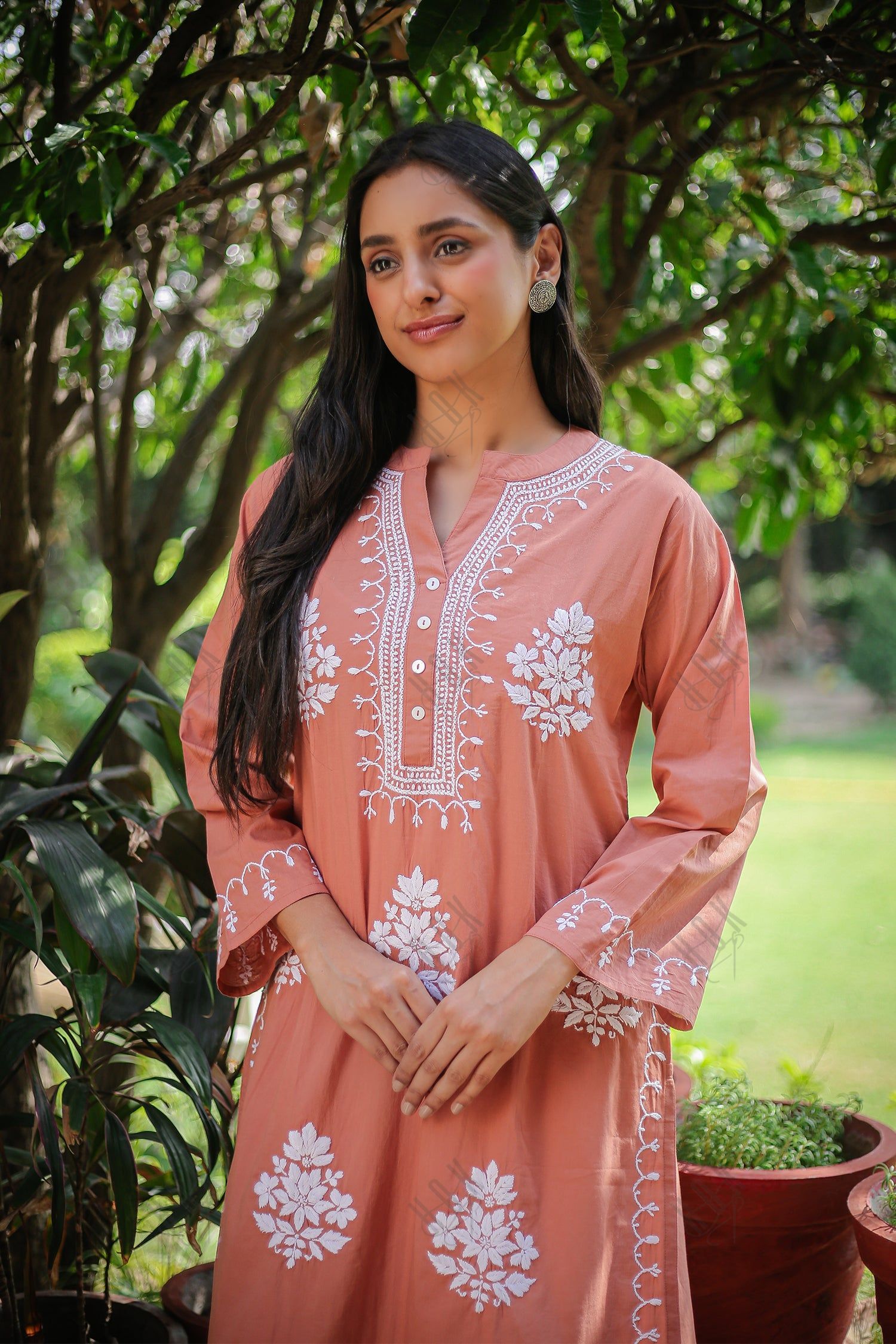 Saba Chikankari Long Kurta In Cotton - Orange