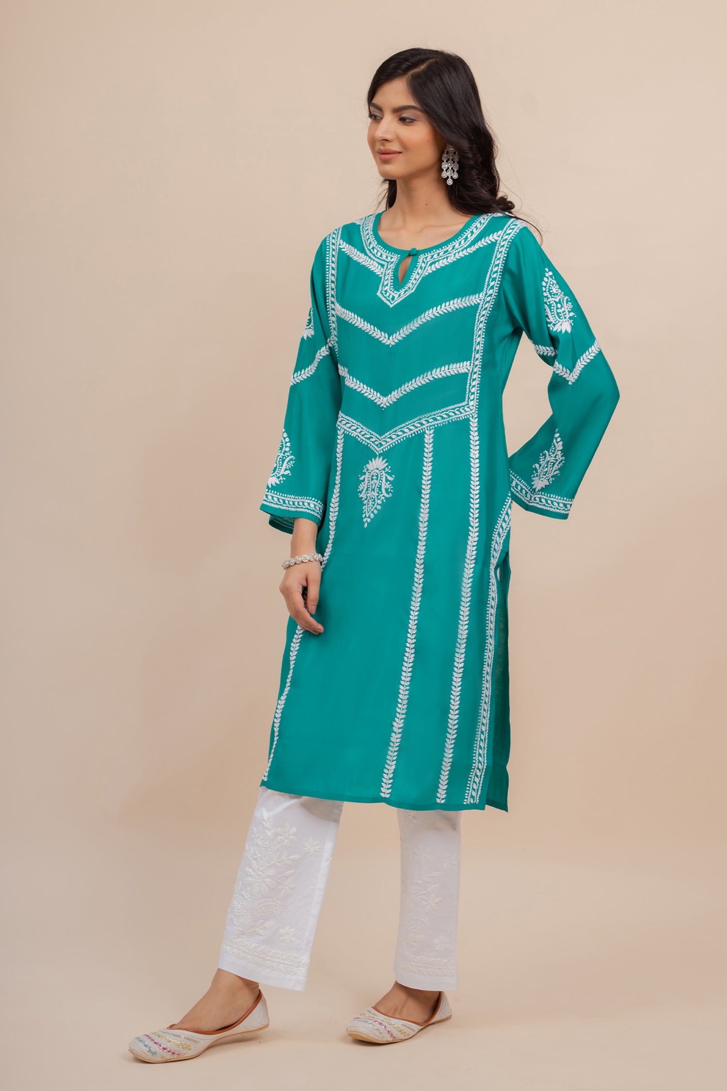 Saba Chikankari Long Kurta In Muslin - Turkish Green