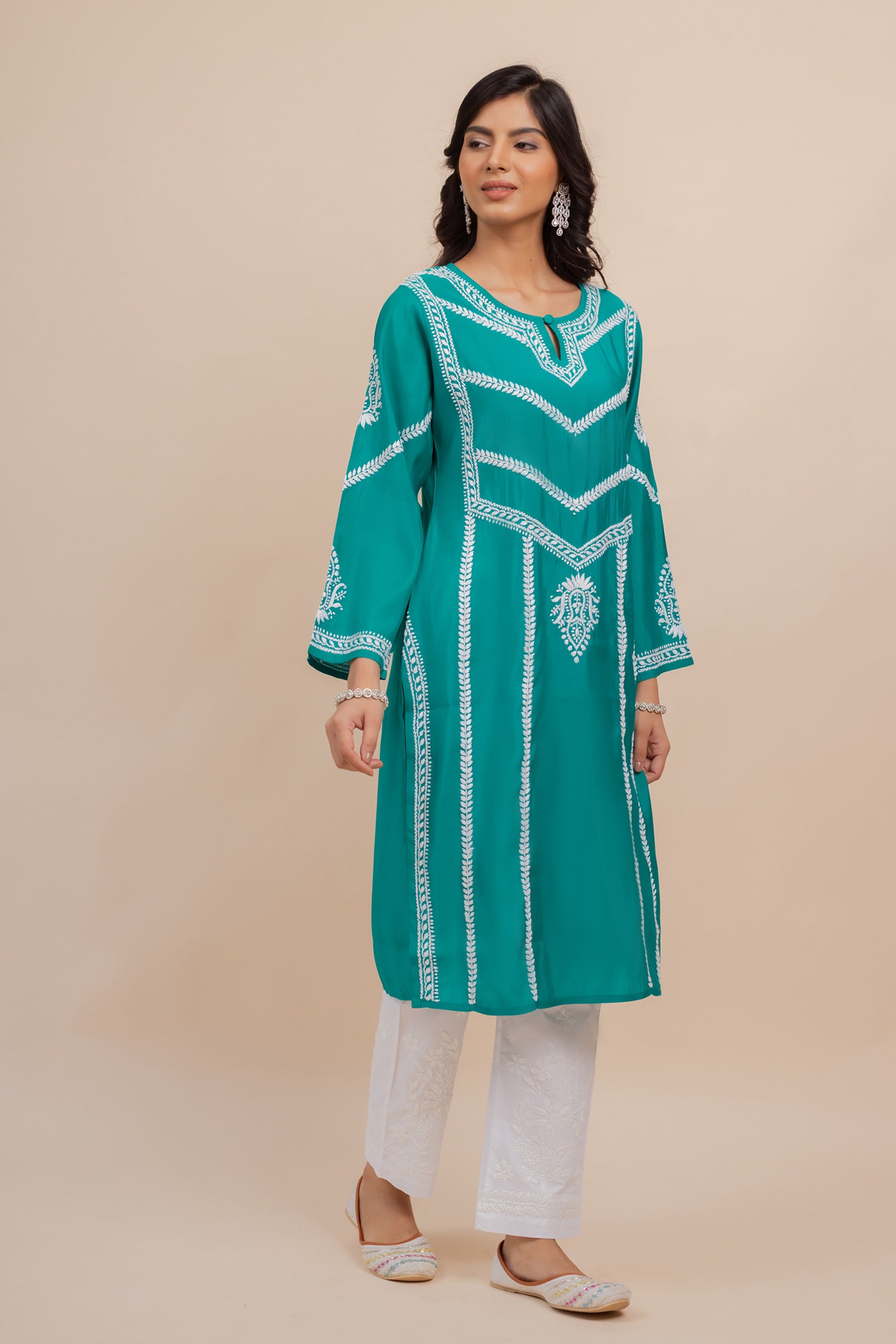 Saba Chikankari Long Kurta In Muslin - Turkish Green