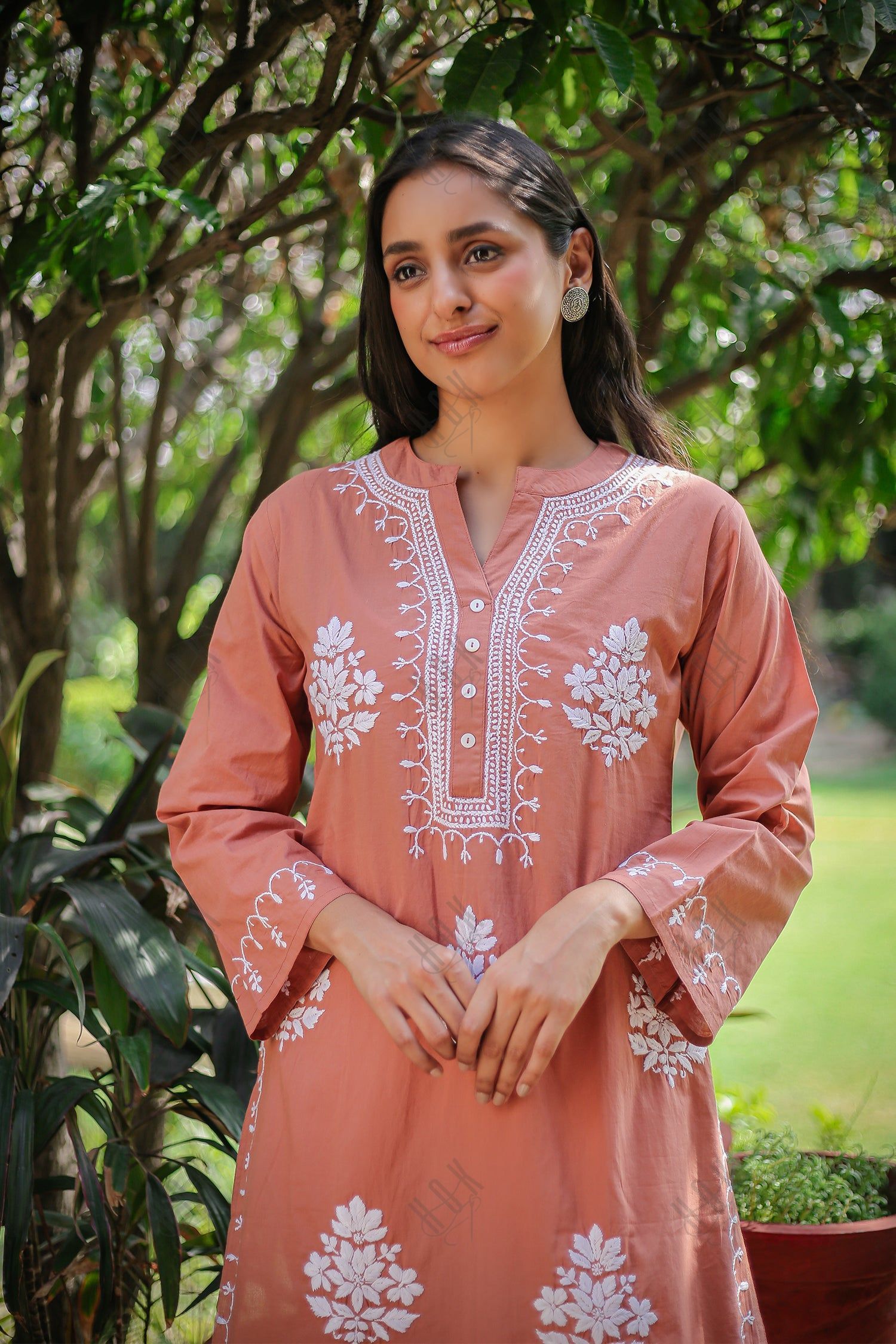 Saba Chikankari Long Kurta In Cotton - Orange