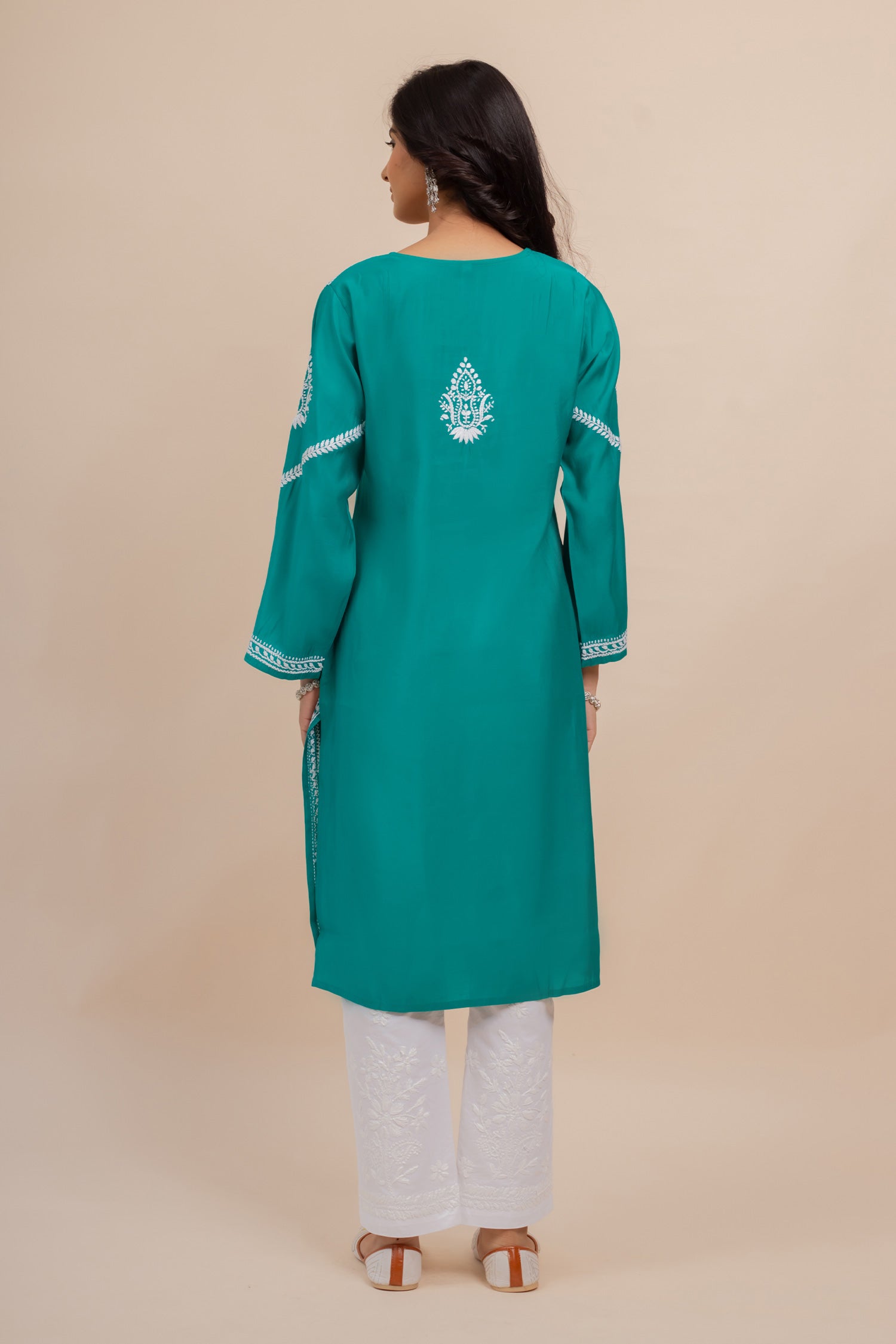 Saba Chikankari Long Kurta In Muslin - Turkish Green