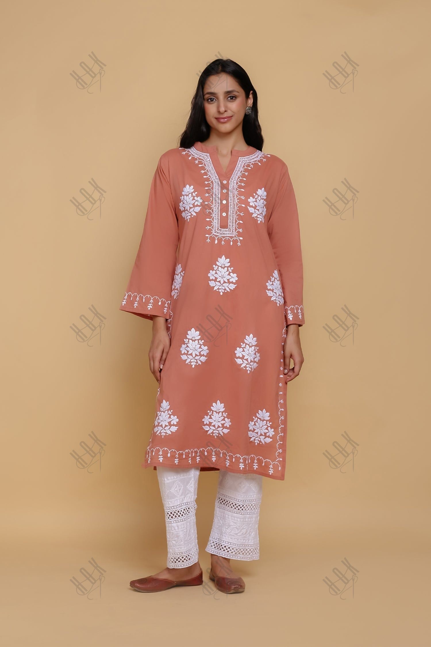 Saba Chikankari Long Kurta In Cotton - Orange