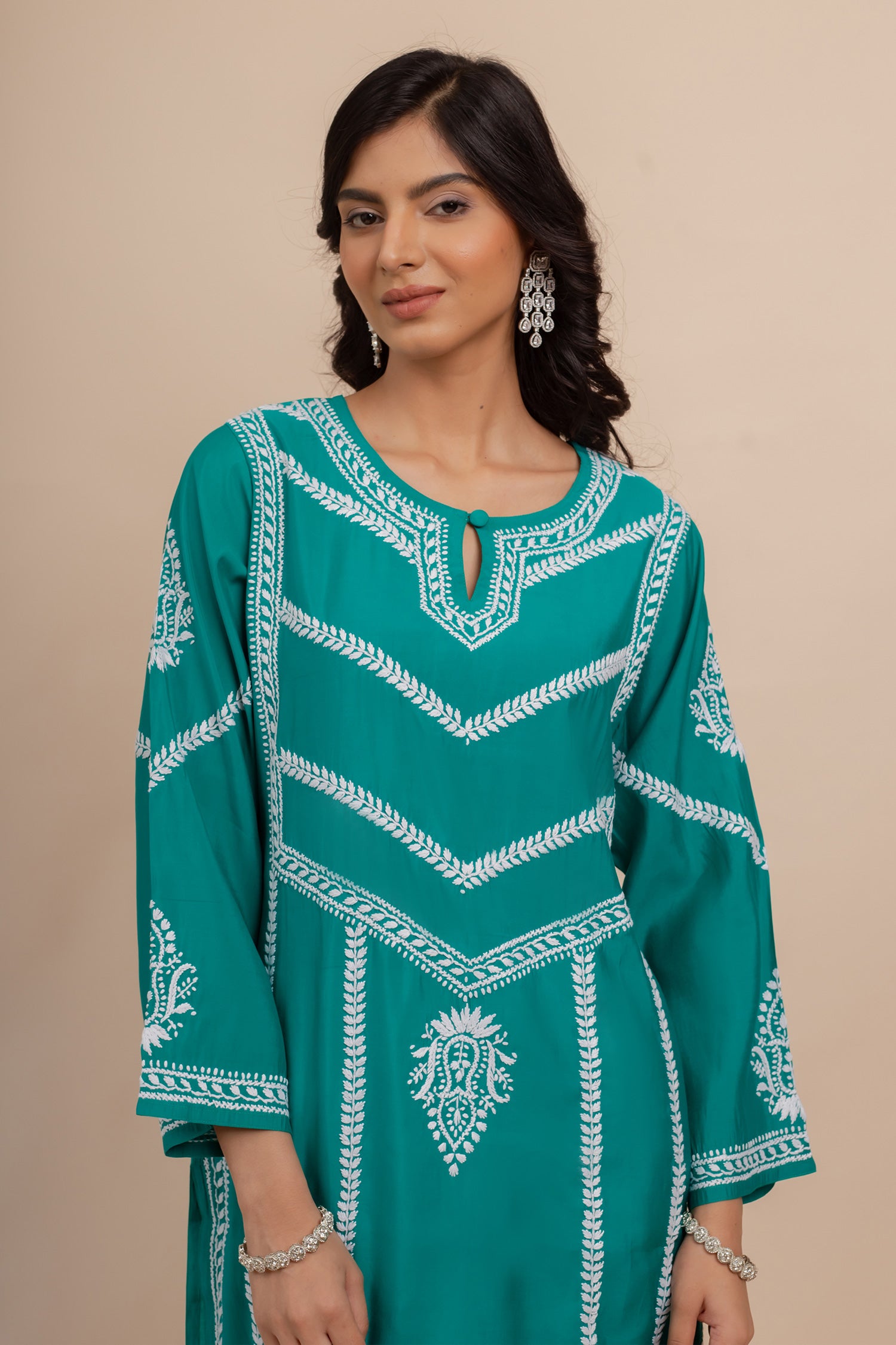 Saba Chikankari Long Kurta In Muslin - Turkish Green