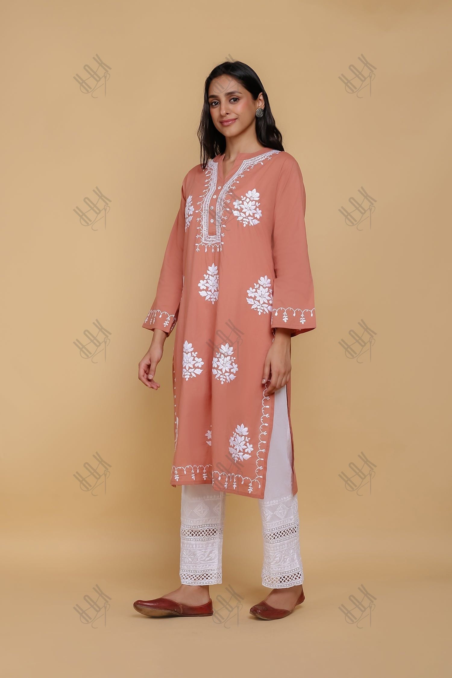 Saba Chikankari Long Kurta In Cotton - Orange