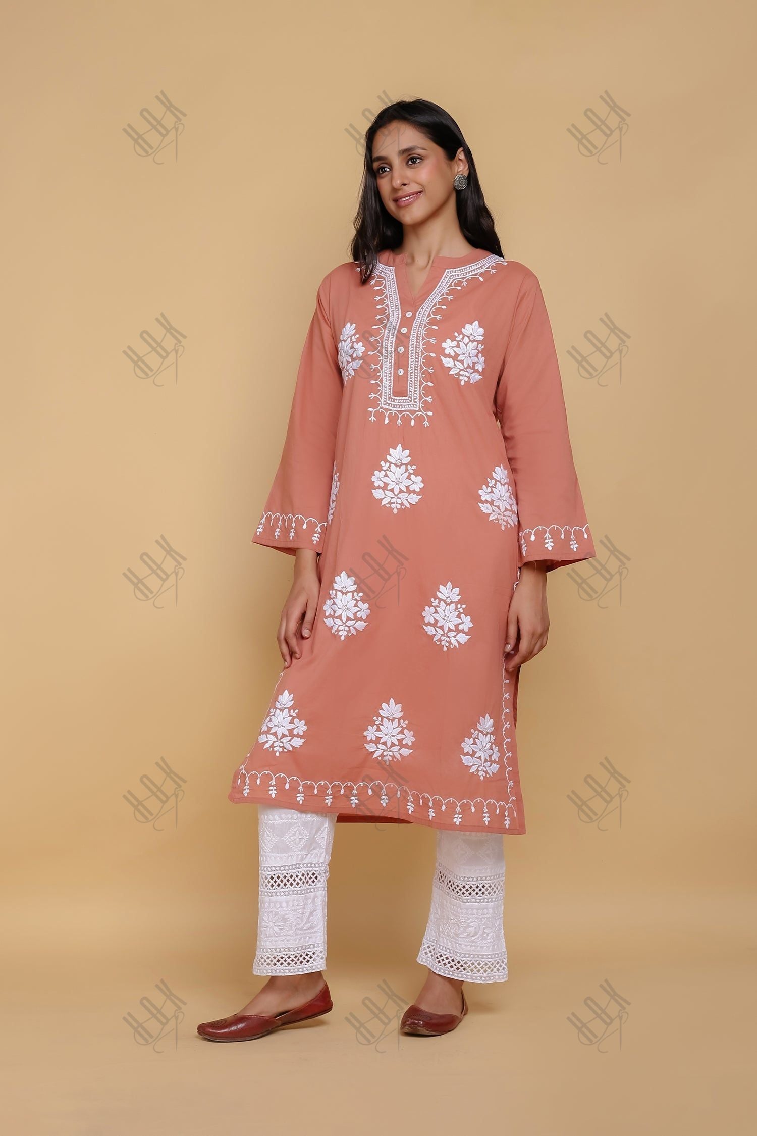 Saba Chikankari Long Kurta In Cotton - Orange