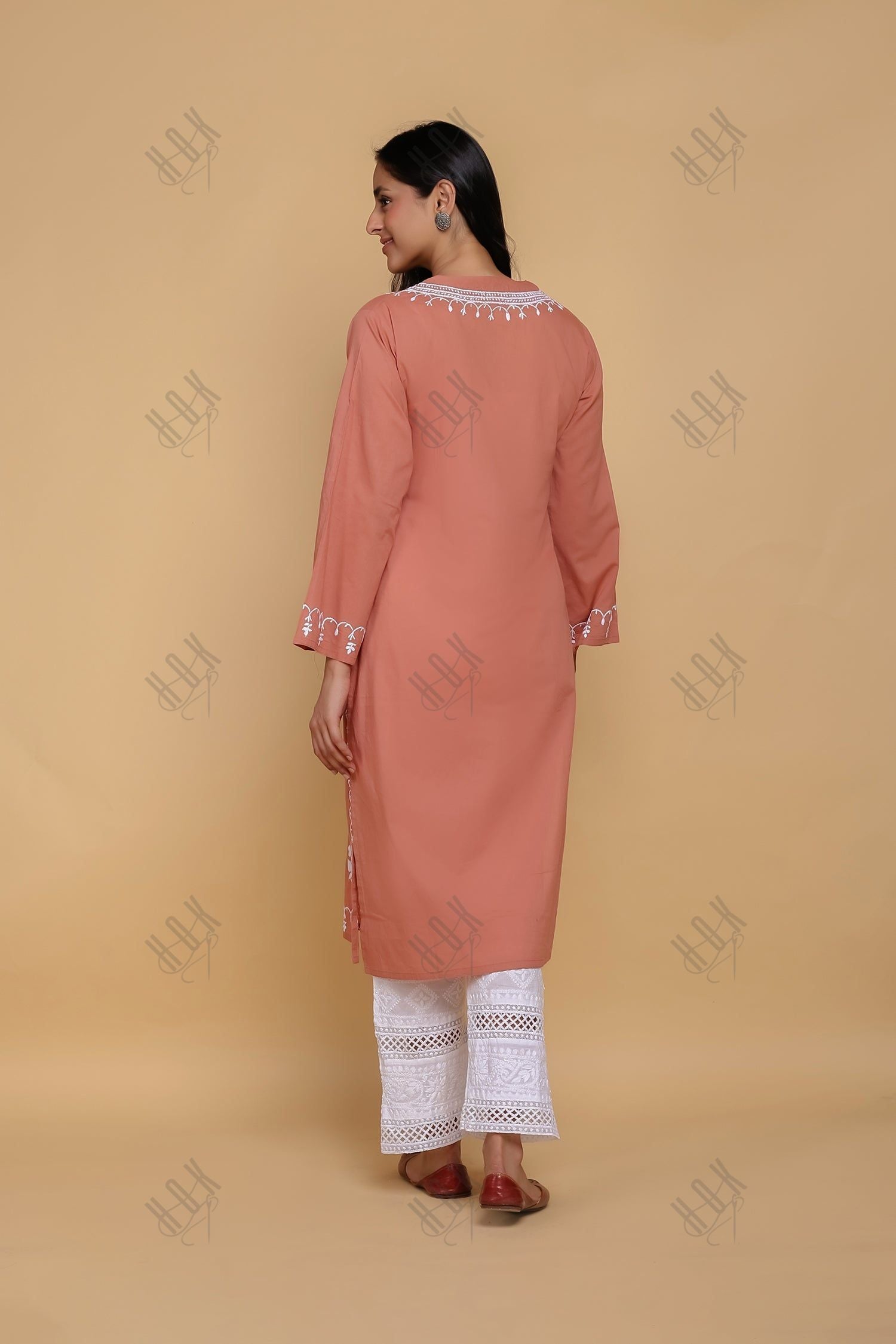 Saba Chikankari Long Kurta In Cotton - Orange