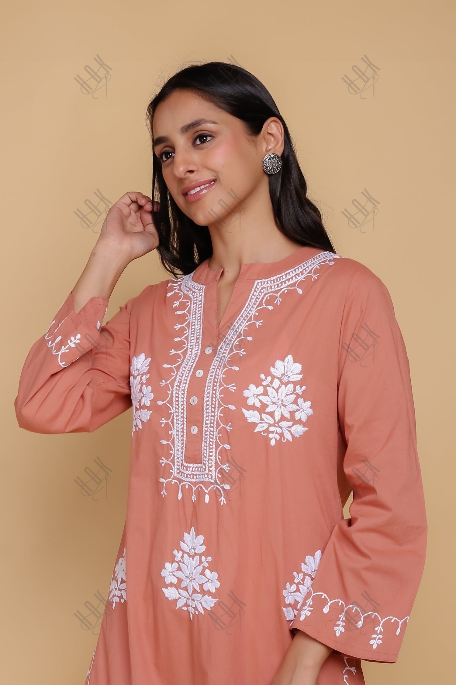 Saba Chikankari Long Kurta In Cotton - Orange