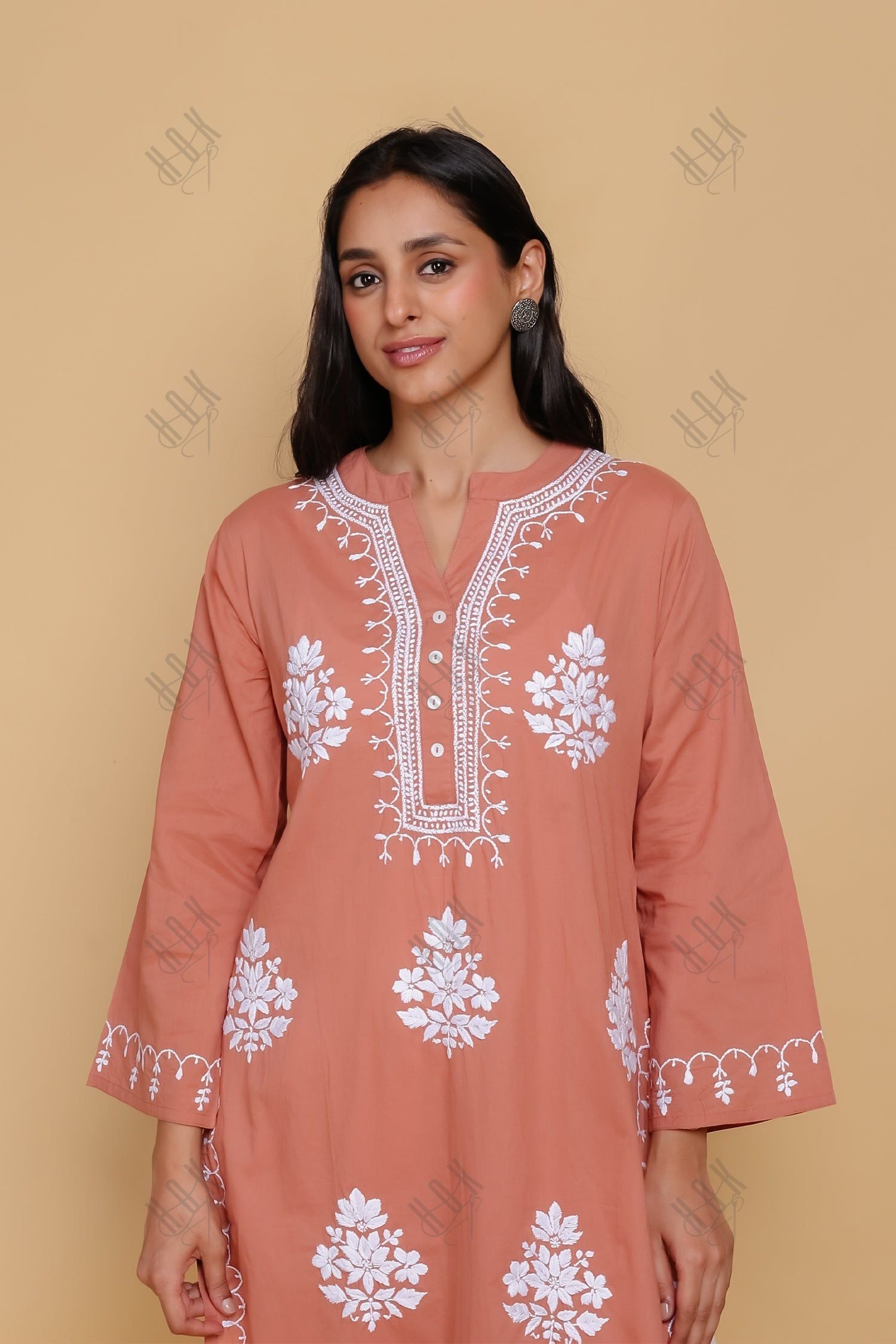 Saba Chikankari Long Kurta In Cotton - Orange