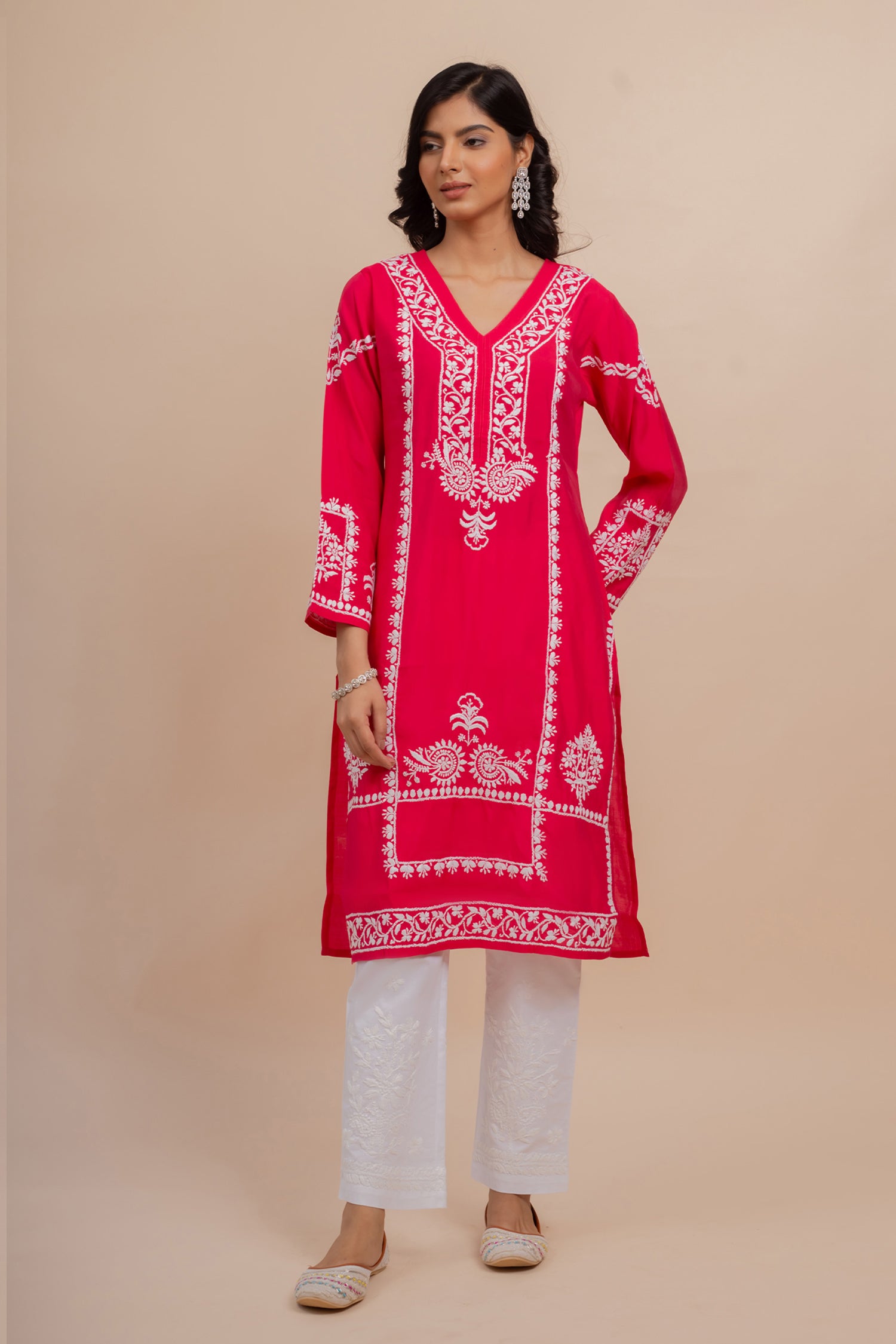 Saba Chikankari Long Kurta In Muslin - Pink