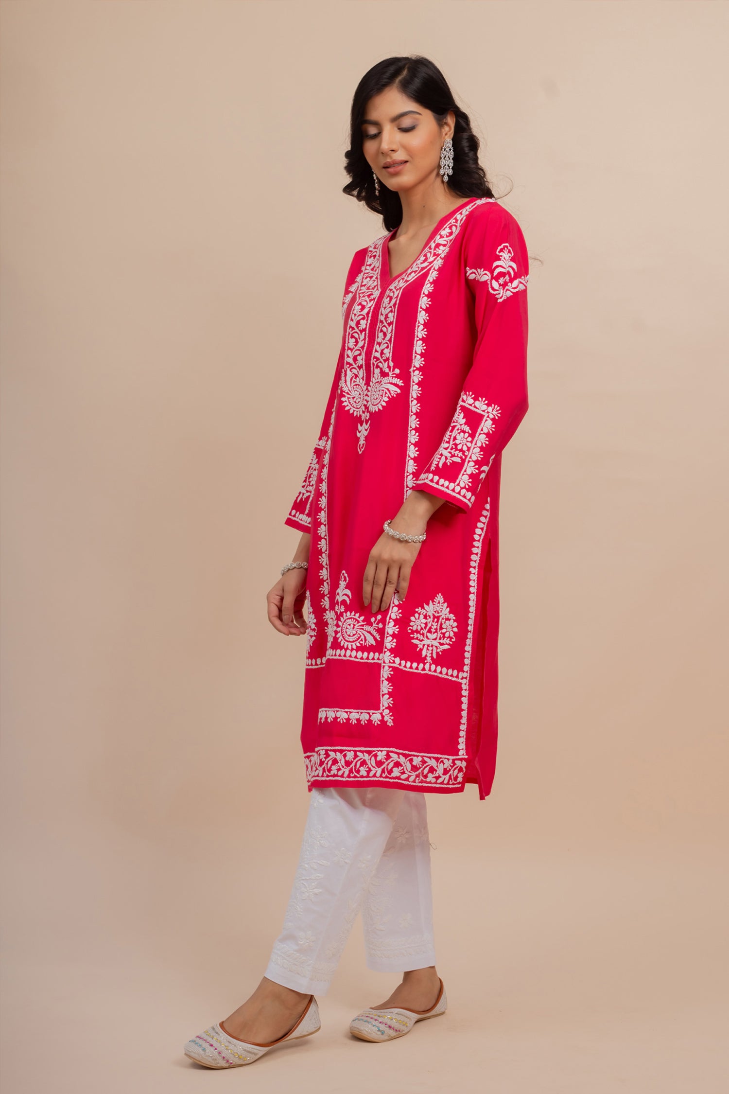 Saba Chikankari Long Kurta In Muslin - Pink