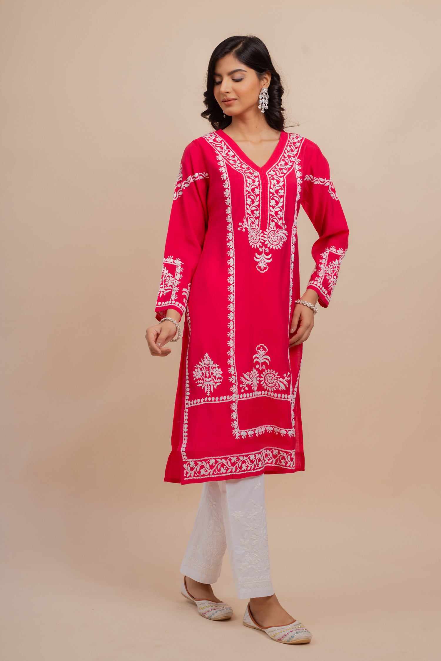 Saba Chikankari Long Kurta In Muslin - Pink