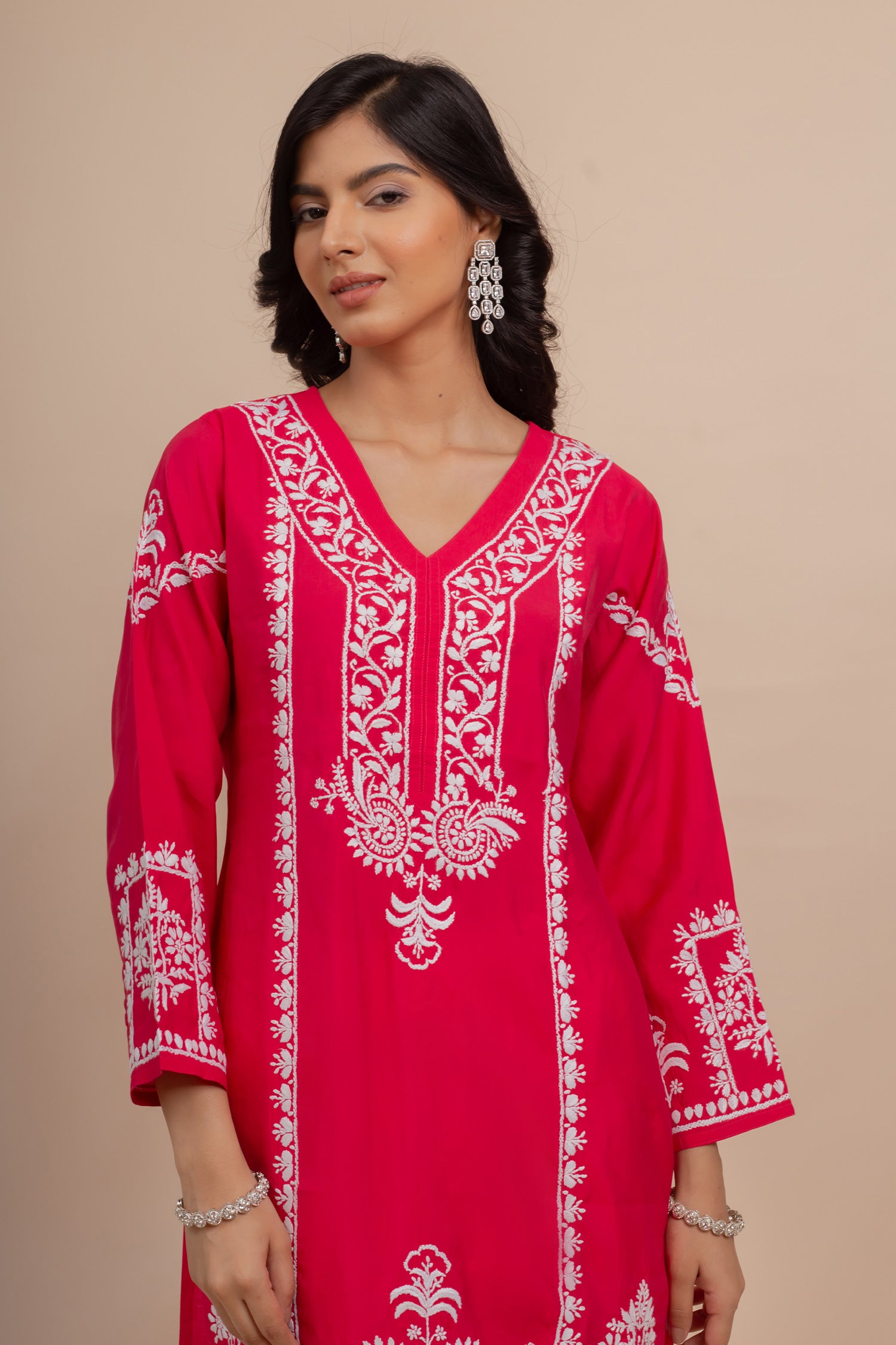 Saba Chikankari Long Kurta In Muslin - Pink