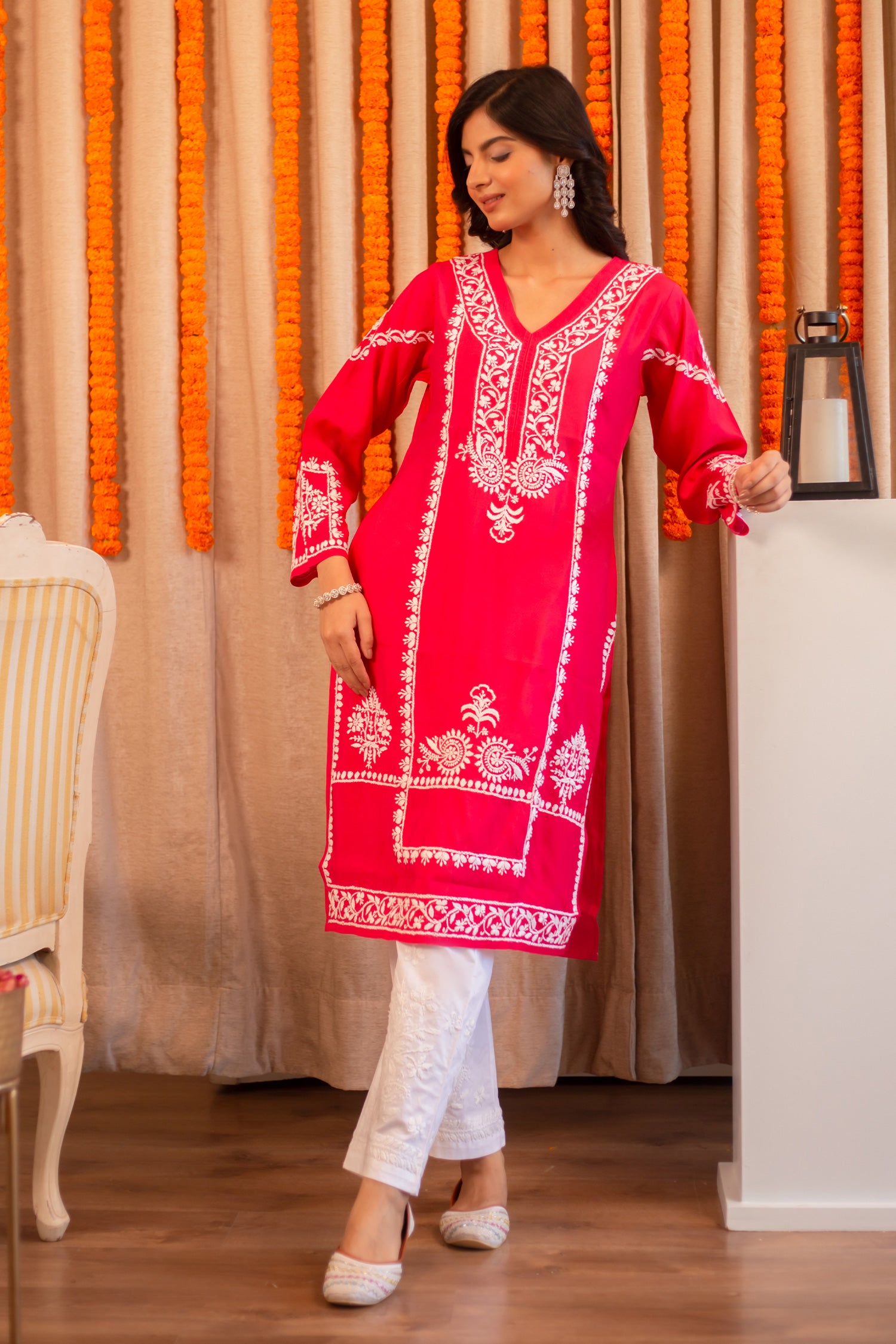 Saba Chikankari Long Kurta In Muslin - Pink